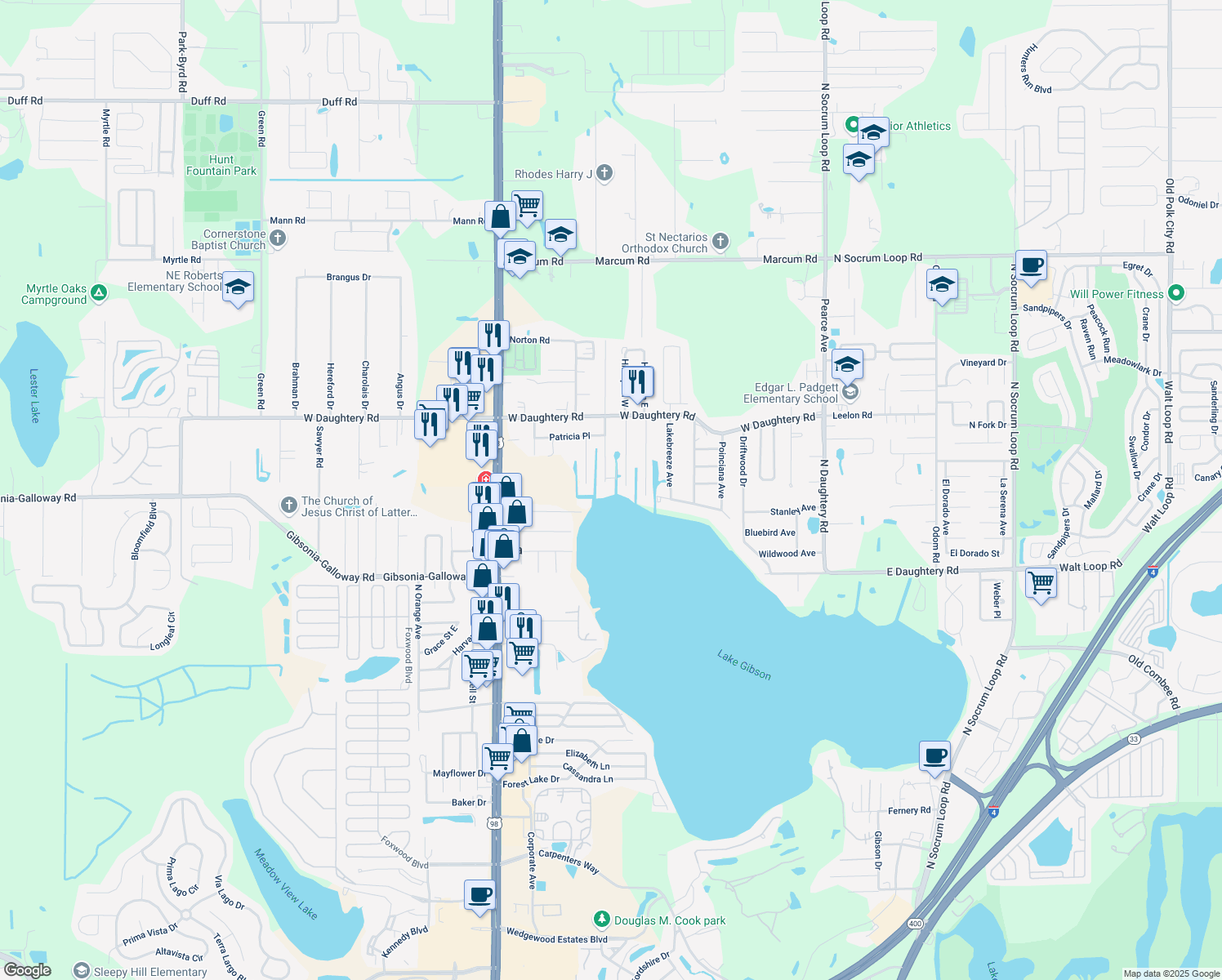 map of restaurants, bars, coffee shops, grocery stores, and more near 5709 Crafton Dr in Lakeland