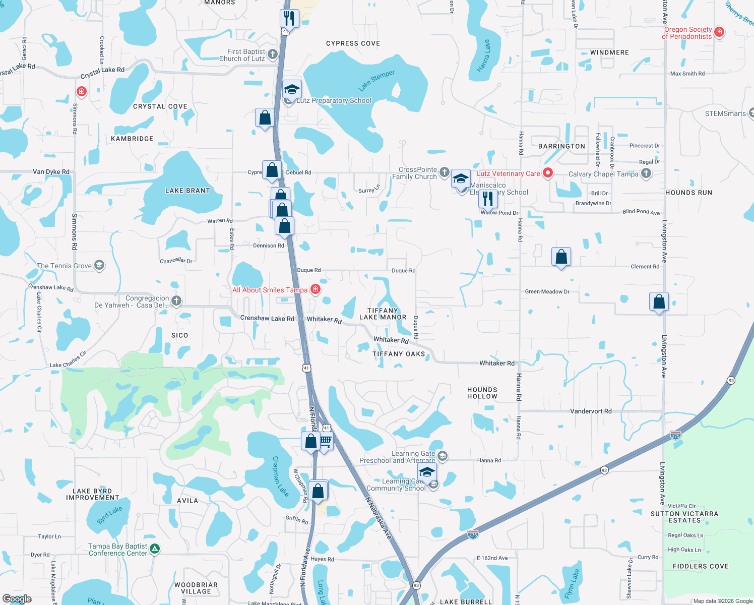 map of restaurants, bars, coffee shops, grocery stores, and more near 17217 Tiffany Shore Drive in Lutz