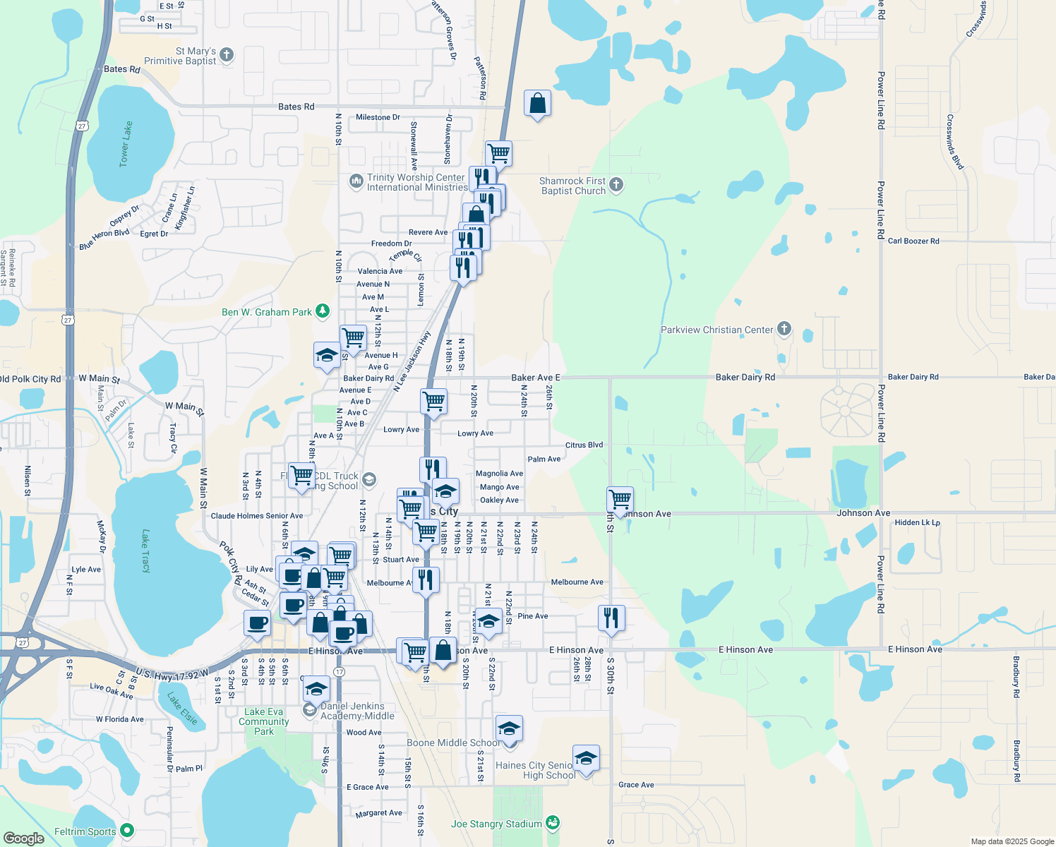 map of restaurants, bars, coffee shops, grocery stores, and more near 2401 Pryor Avenue in Haines City