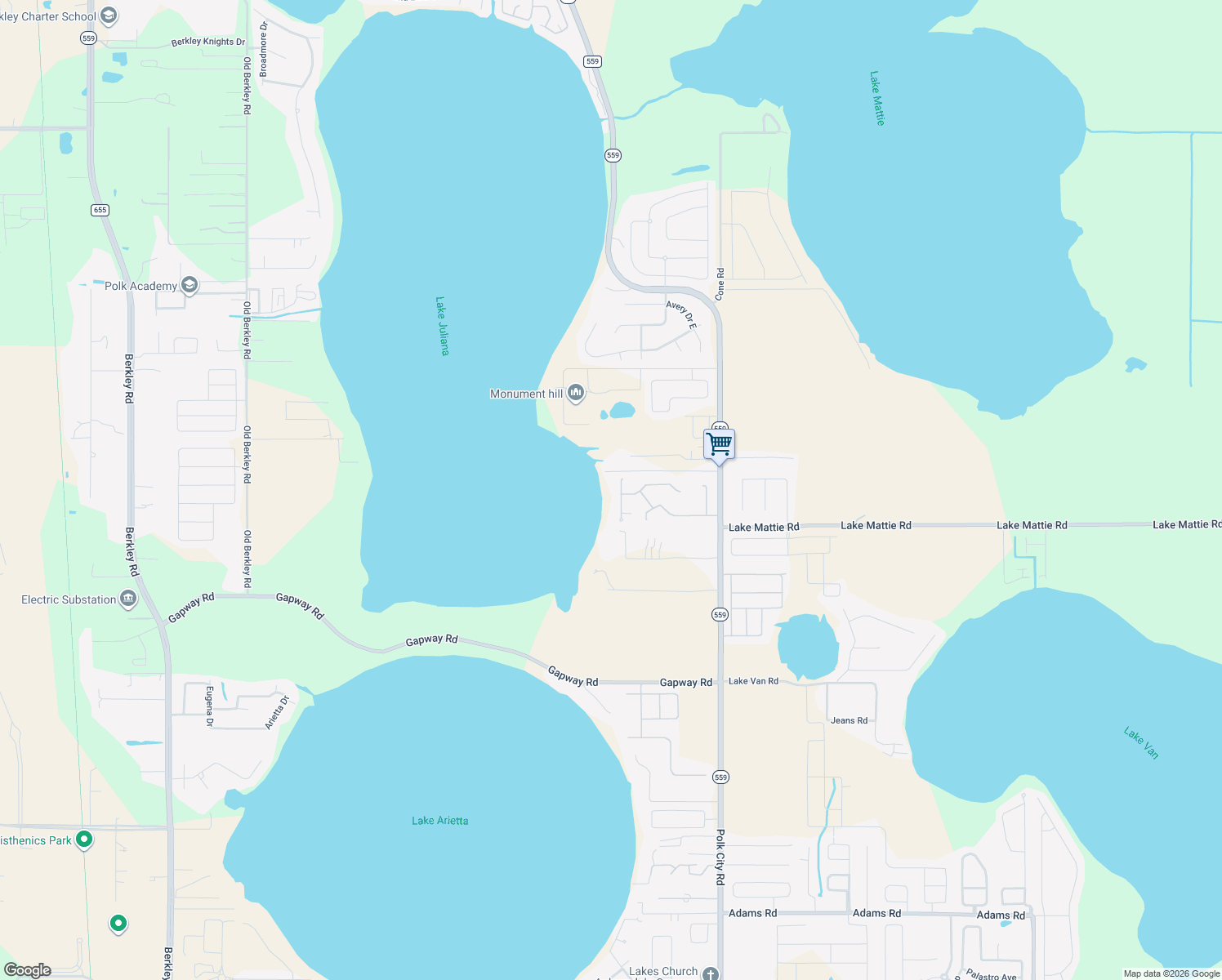 map of restaurants, bars, coffee shops, grocery stores, and more near 112 Raintree Court in Auburndale
