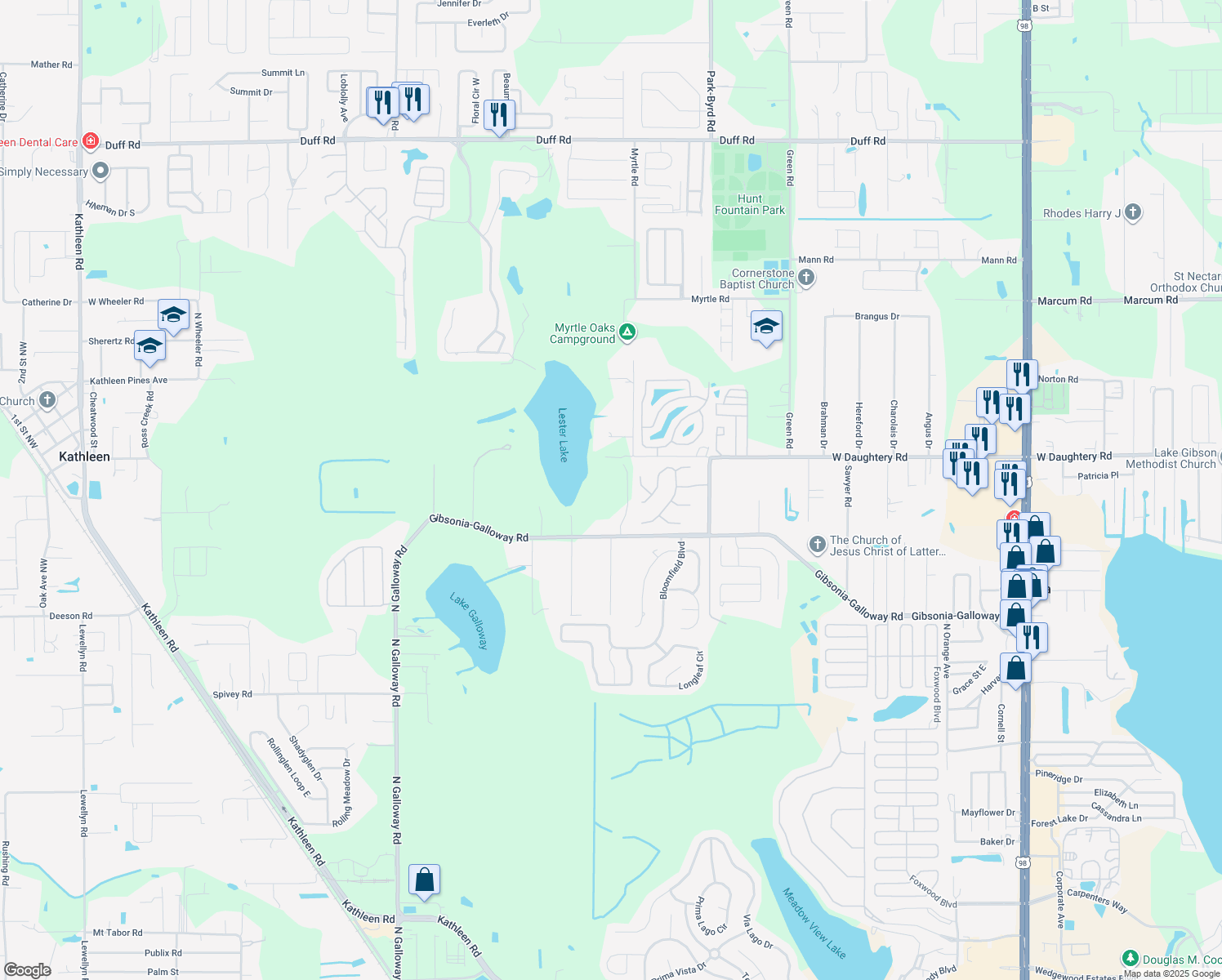 map of restaurants, bars, coffee shops, grocery stores, and more near 2305 Gibsonia-Galloway Road in Lakeland