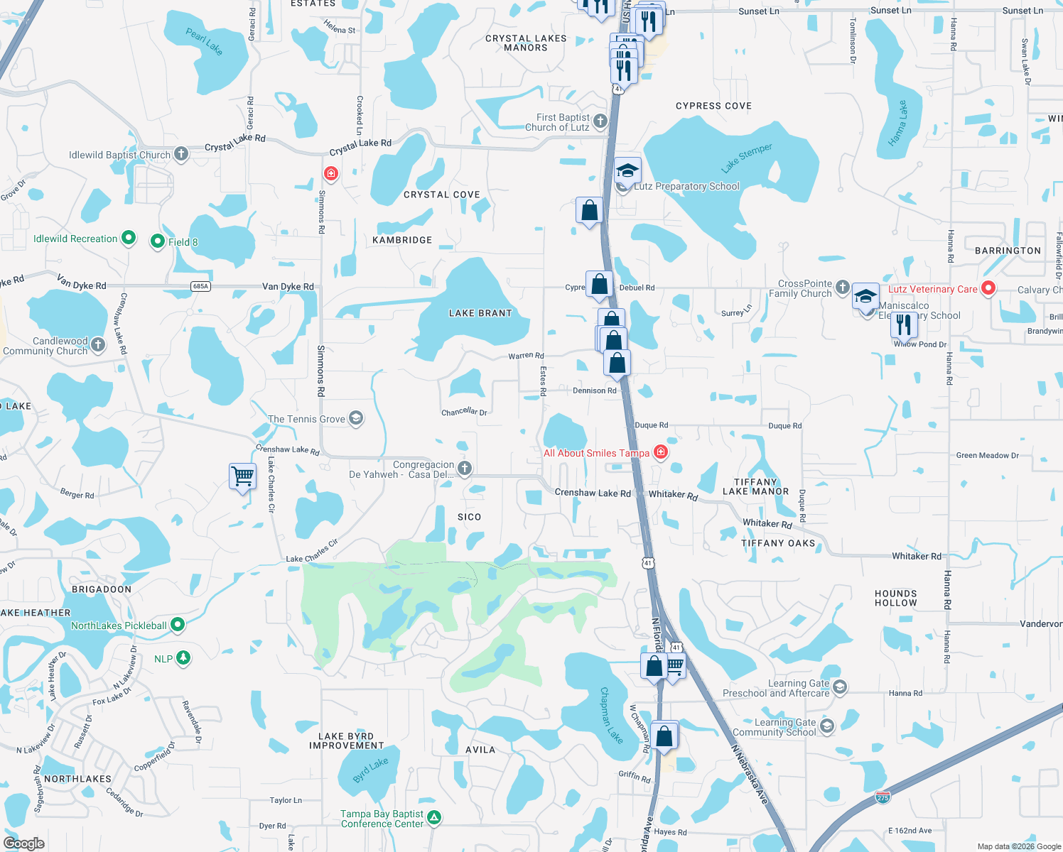 map of restaurants, bars, coffee shops, grocery stores, and more near 17220 Estes Road in Lutz