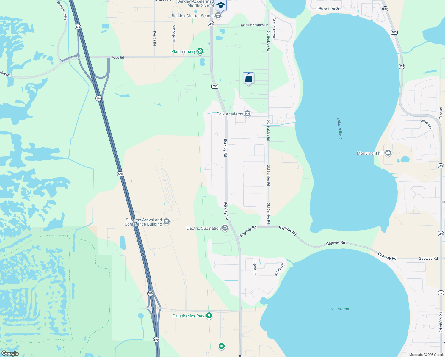 map of restaurants, bars, coffee shops, grocery stores, and more near 3969 Berkley Road in Auburndale