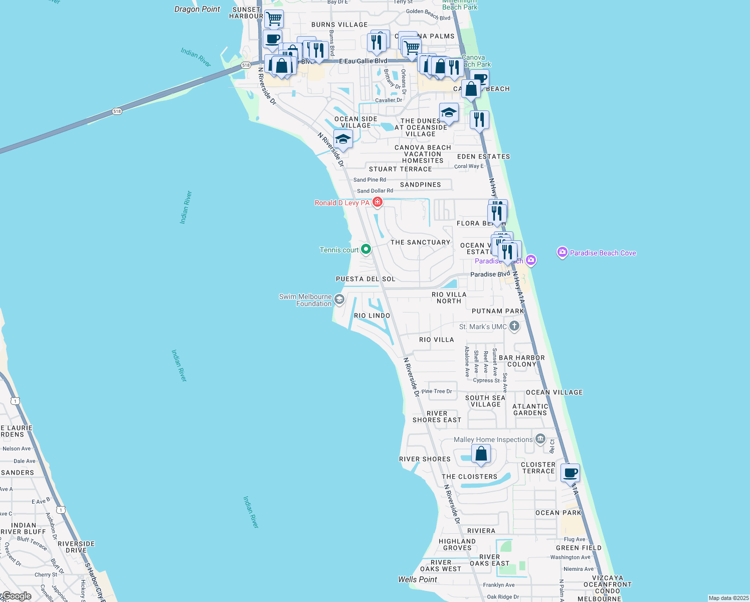 map of restaurants, bars, coffee shops, grocery stores, and more near 707 Brookside Drive in Indialantic