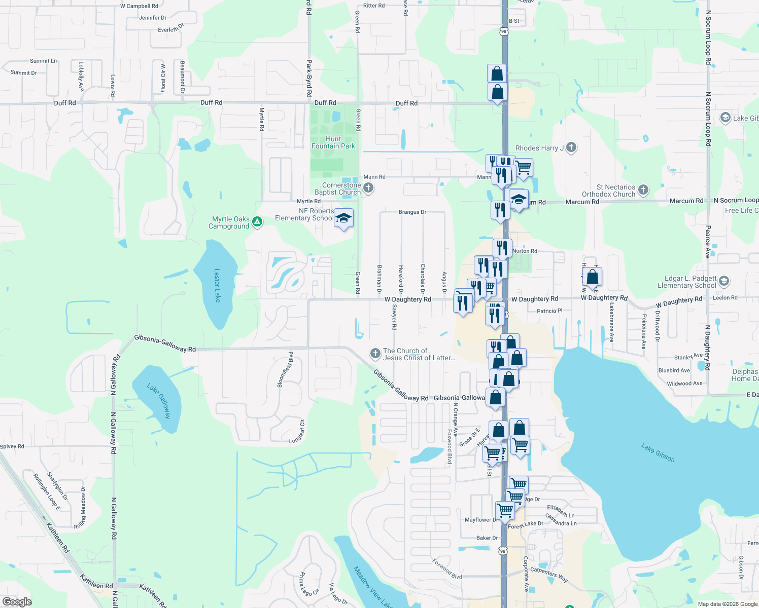 map of restaurants, bars, coffee shops, grocery stores, and more near 1804 West Daughtery Road in Lakeland