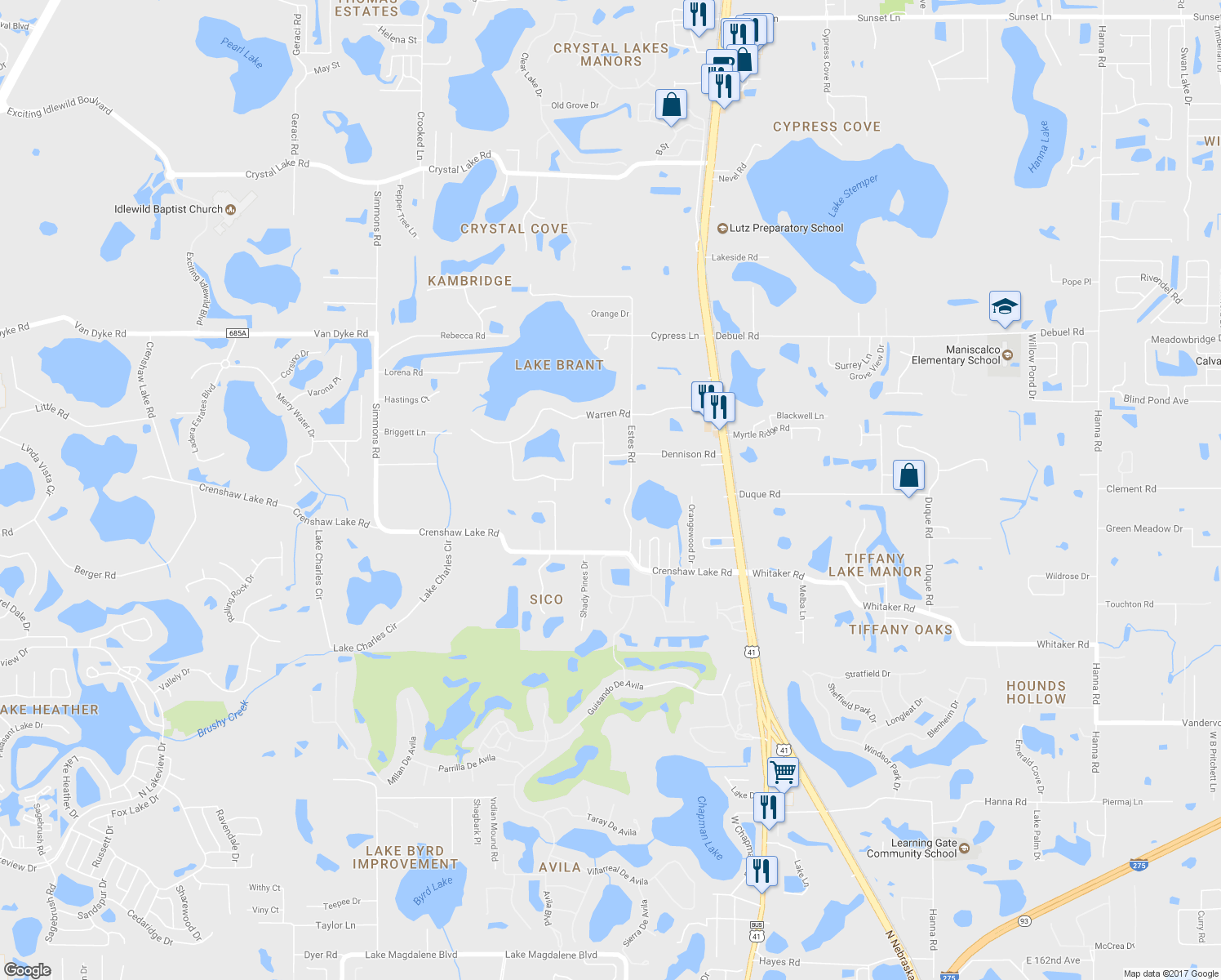 map of restaurants, bars, coffee shops, grocery stores, and more near 17301 Lynndan Drive in Lutz