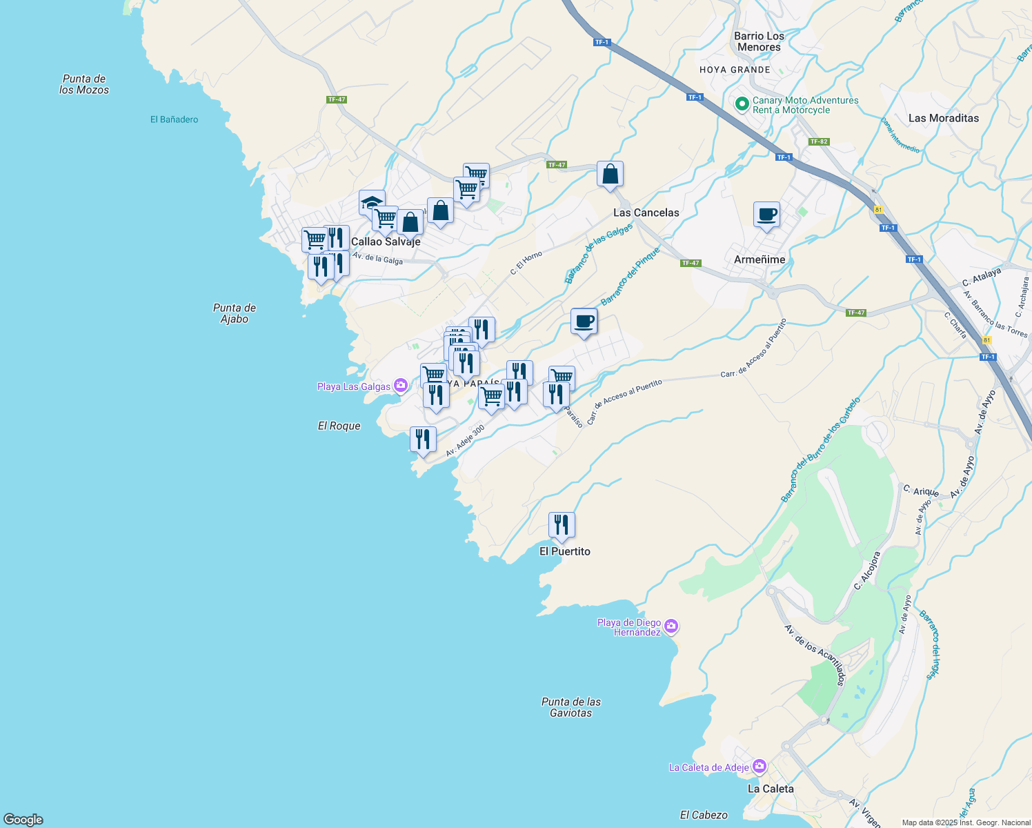 map of restaurants, bars, coffee shops, grocery stores, and more near 30 Avenida Adeje 300 in Adeje
