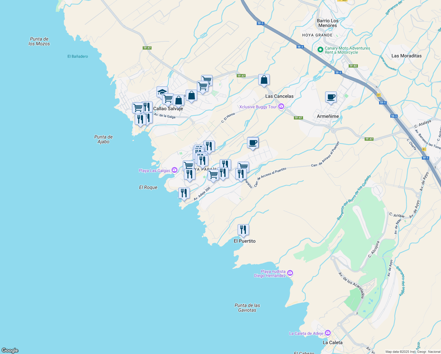 map of restaurants, bars, coffee shops, grocery stores, and more near 17 Avenida Adeje 300 in Adeje