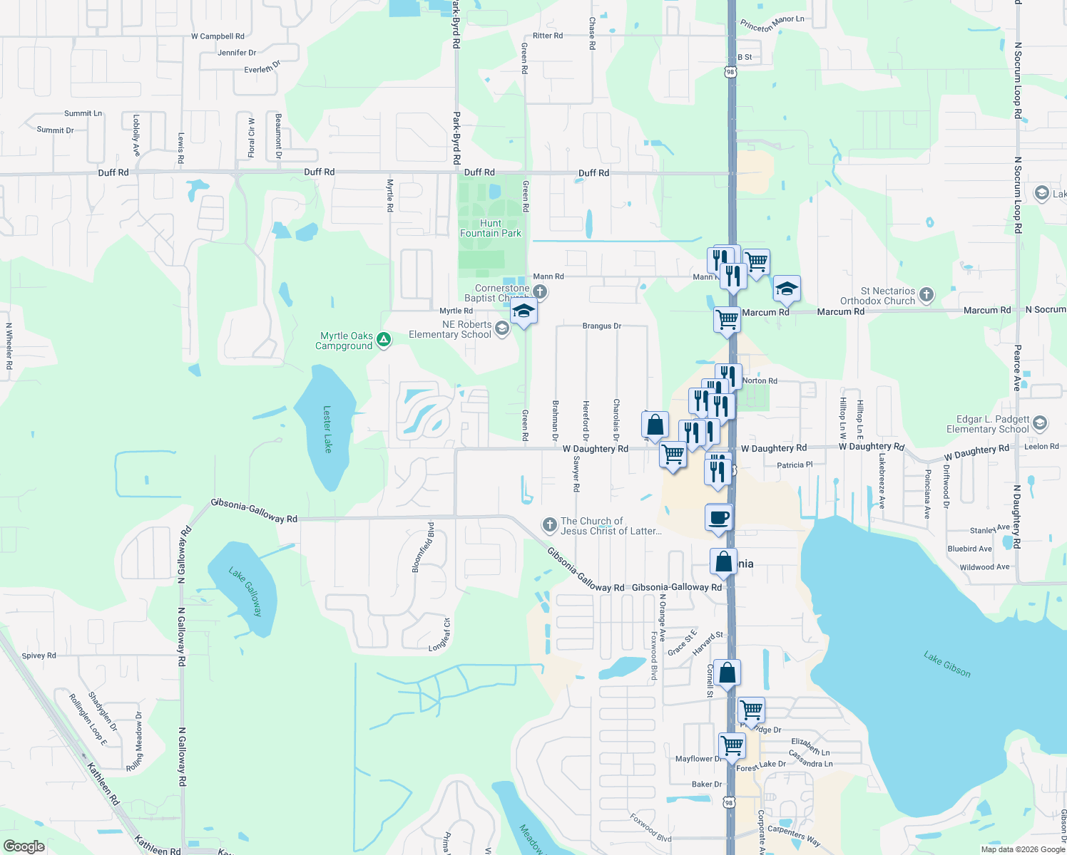 map of restaurants, bars, coffee shops, grocery stores, and more near 6129 Green Road in Lakeland