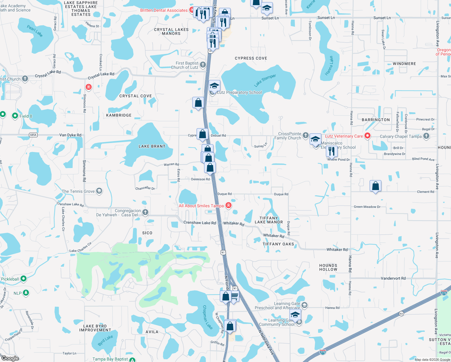 map of restaurants, bars, coffee shops, grocery stores, and more near 112 Duque Road in Lutz
