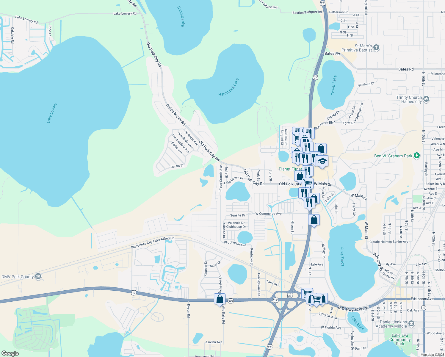 map of restaurants, bars, coffee shops, grocery stores, and more near 1007 Prado Grande Avenue in Haines City
