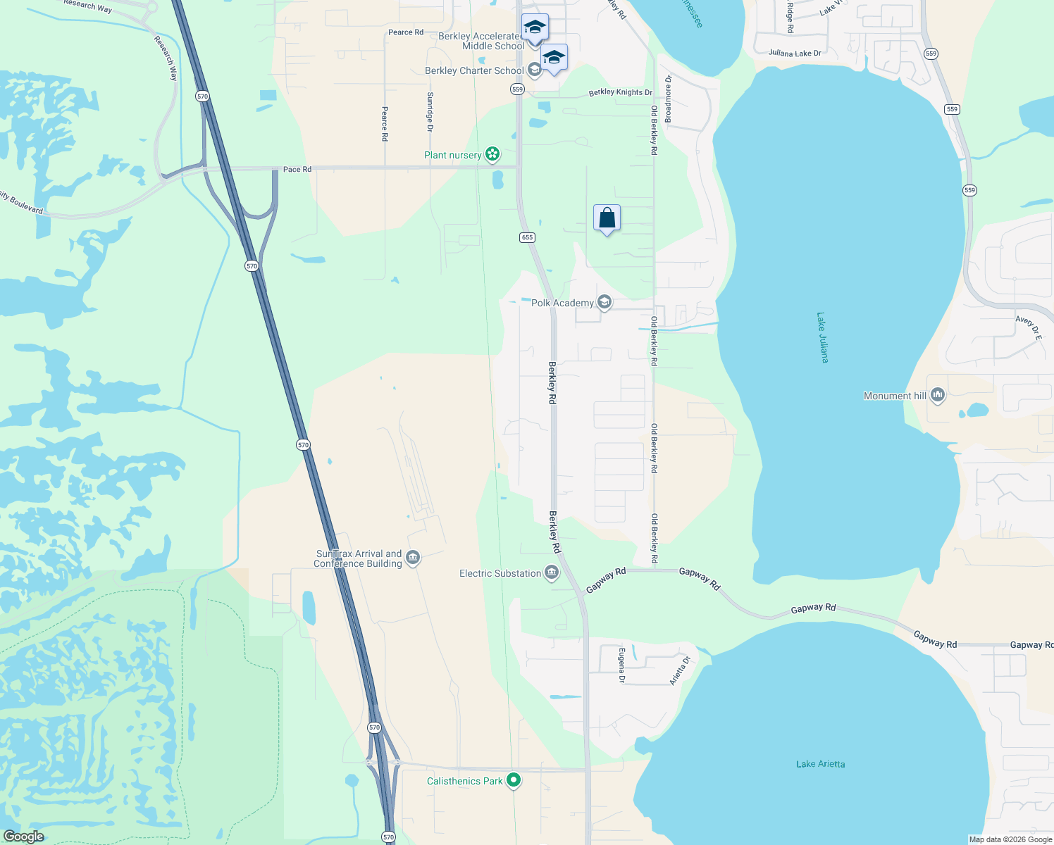 map of restaurants, bars, coffee shops, grocery stores, and more near 1458 Johnson Road in Auburndale