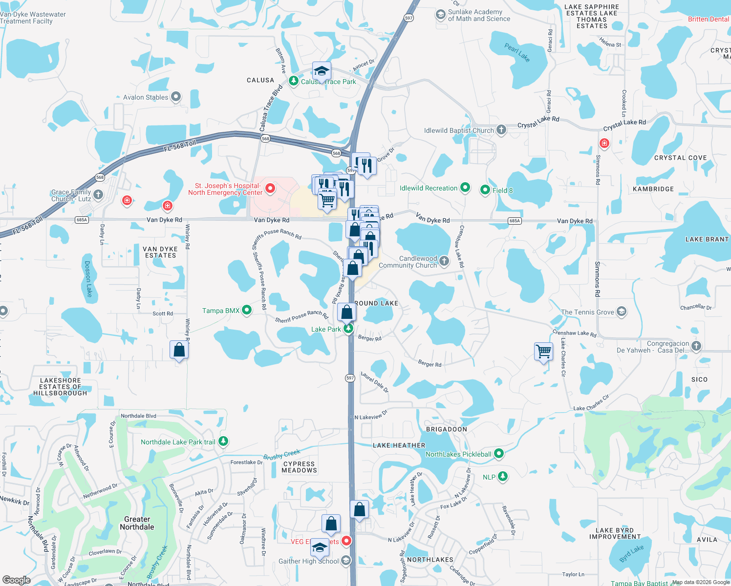 map of restaurants, bars, coffee shops, grocery stores, and more near 3820 Little Road in Lutz