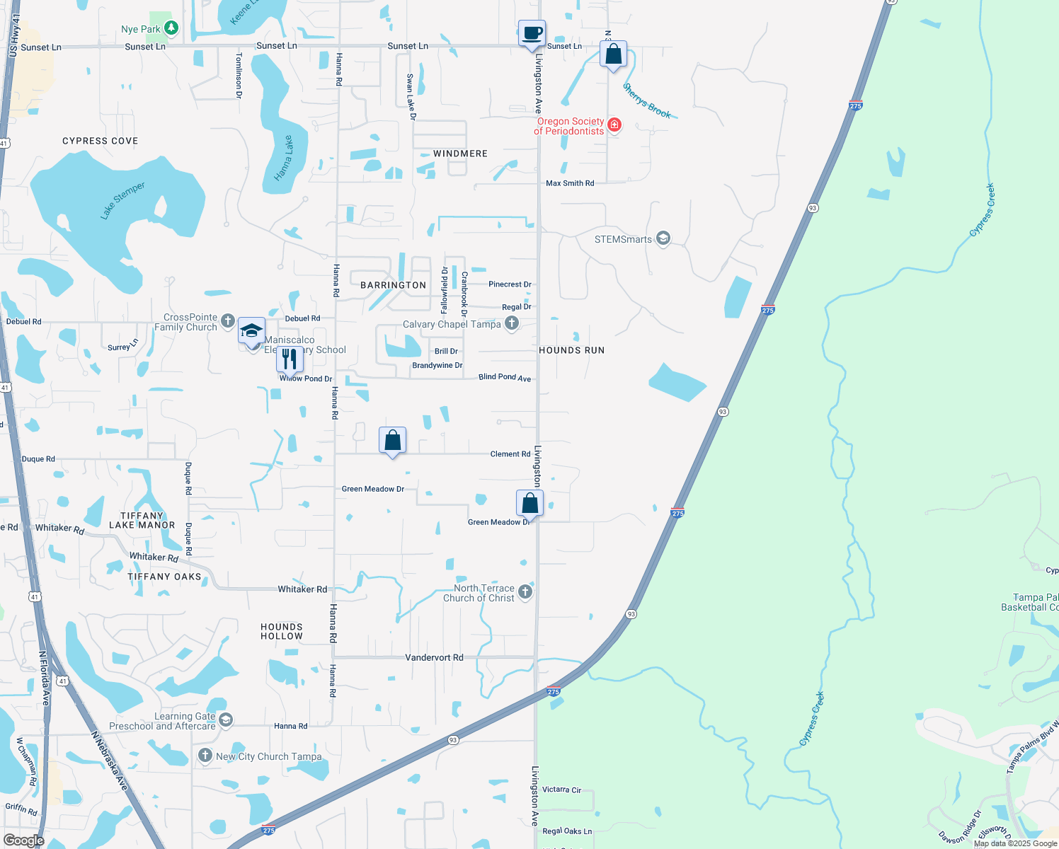 map of restaurants, bars, coffee shops, grocery stores, and more near 17308 Livingston Avenue in Lutz