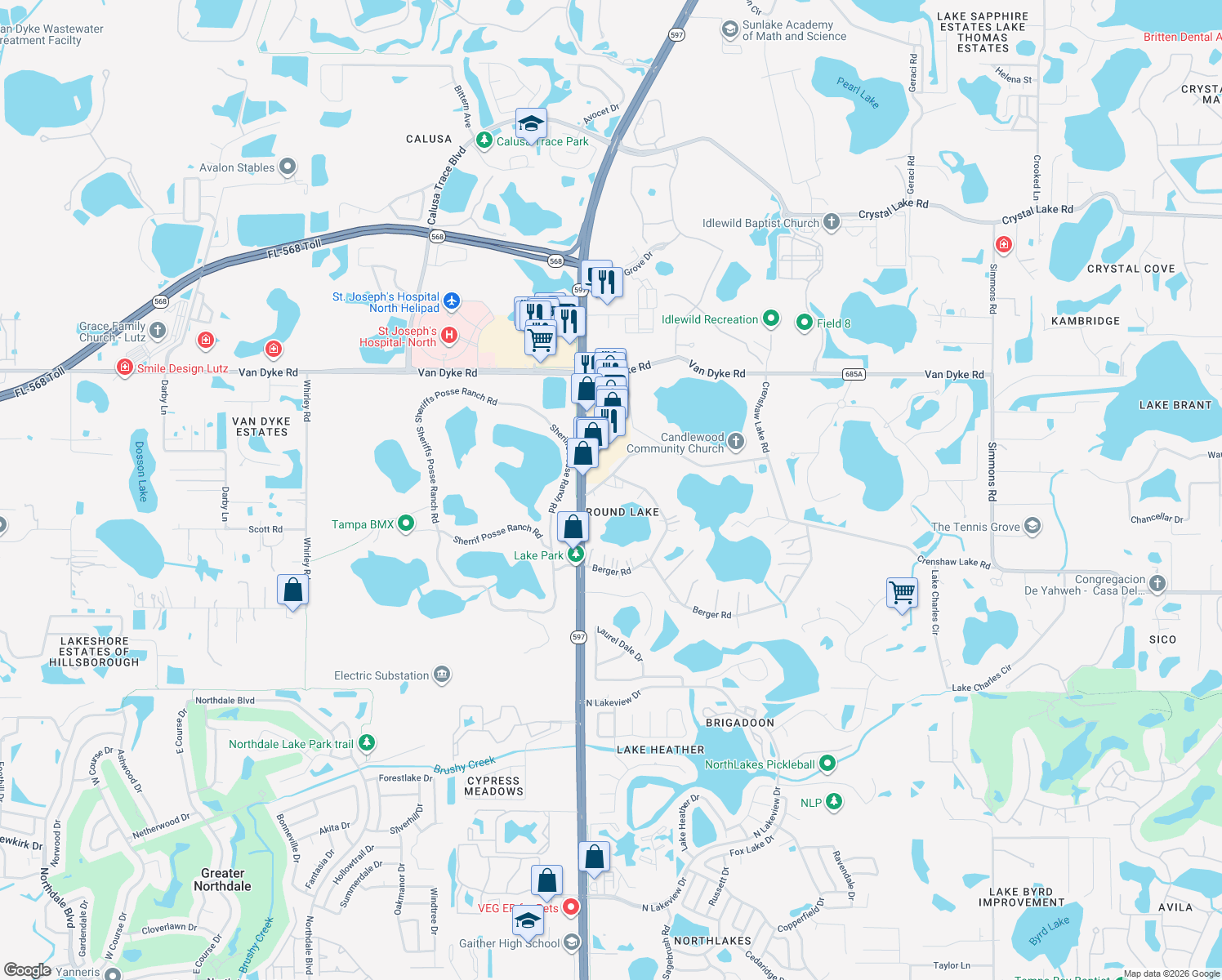 map of restaurants, bars, coffee shops, grocery stores, and more near 3812 Little Road in Lutz