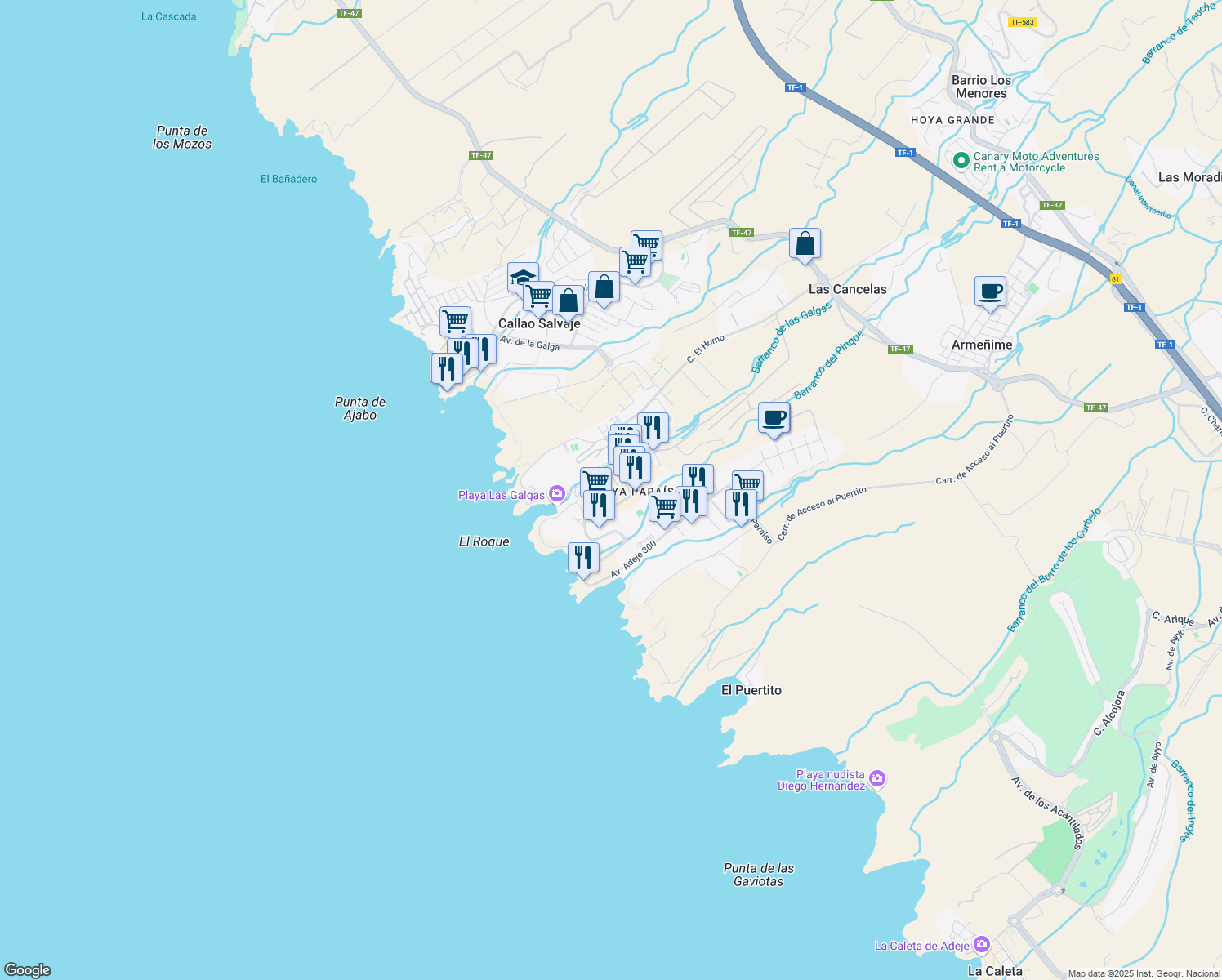 map of restaurants, bars, coffee shops, grocery stores, and more near Avenida Adeje 300 in Santa Cruz de Tenerife