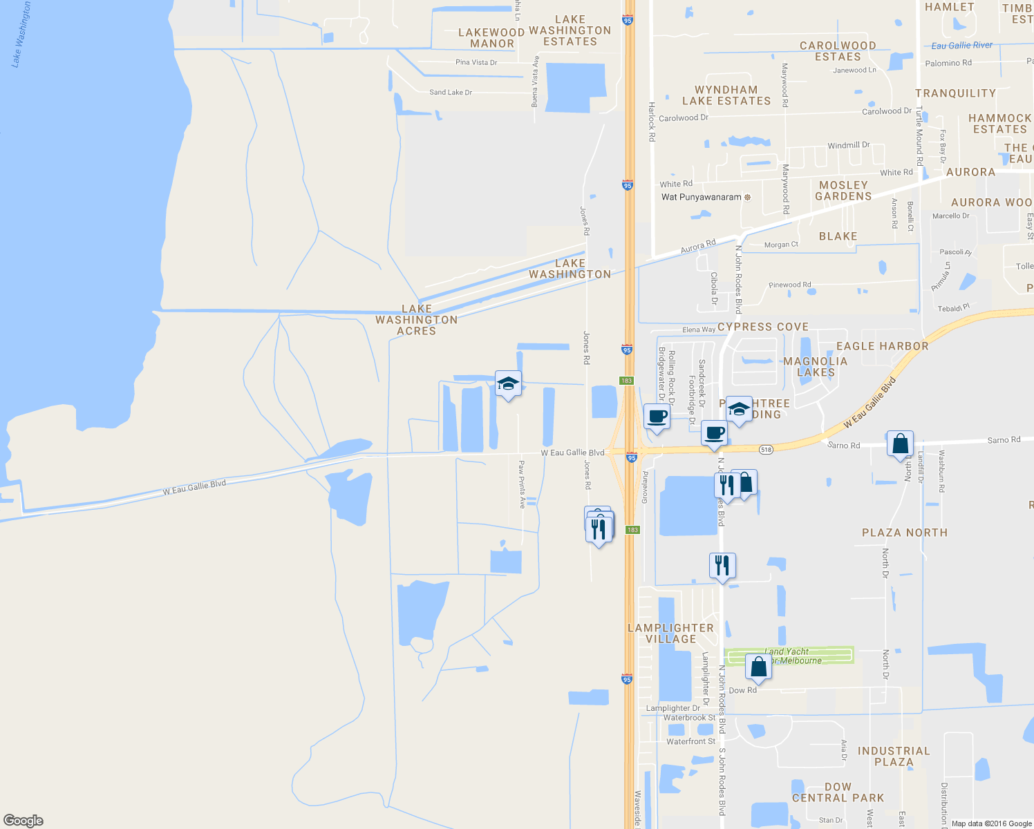 map of restaurants, bars, coffee shops, grocery stores, and more near 1002 Inspiration Lane in Melbourne