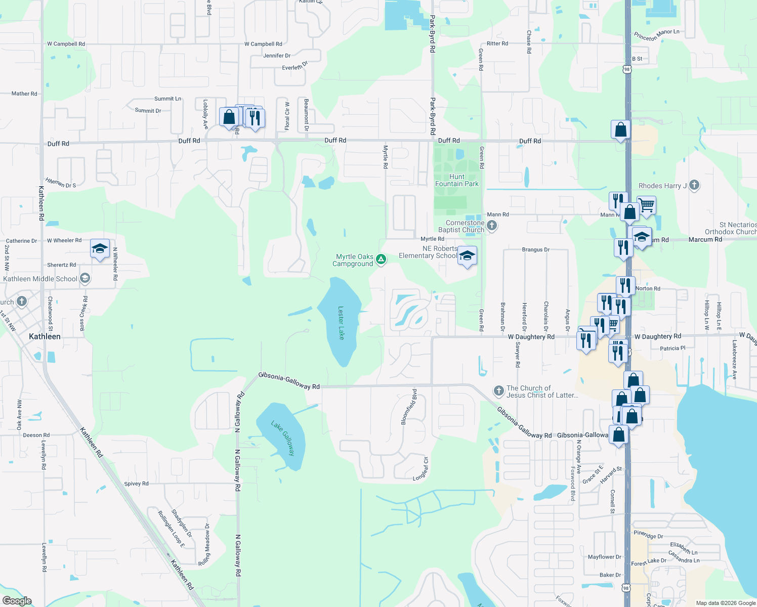 map of restaurants, bars, coffee shops, grocery stores, and more near 6302 Magnolia Lane in Lakeland