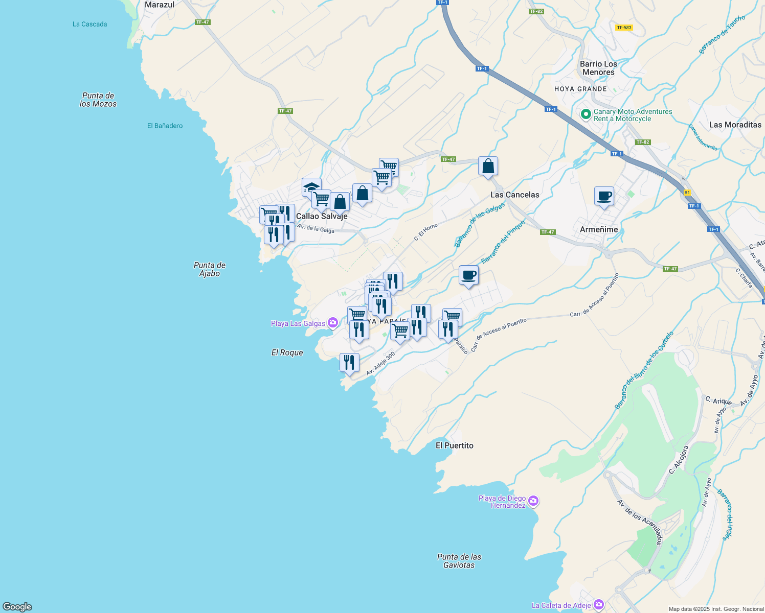 map of restaurants, bars, coffee shops, grocery stores, and more near 9 Calle Aljibe in Adeje