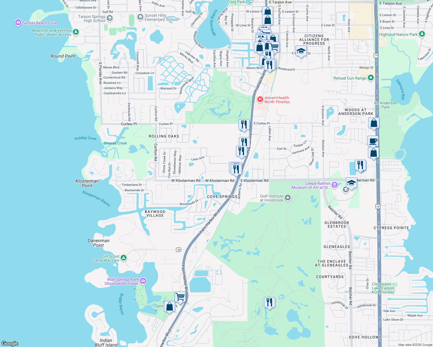 map of restaurants, bars, coffee shops, grocery stores, and more near 254 Highland Road in Tarpon Springs
