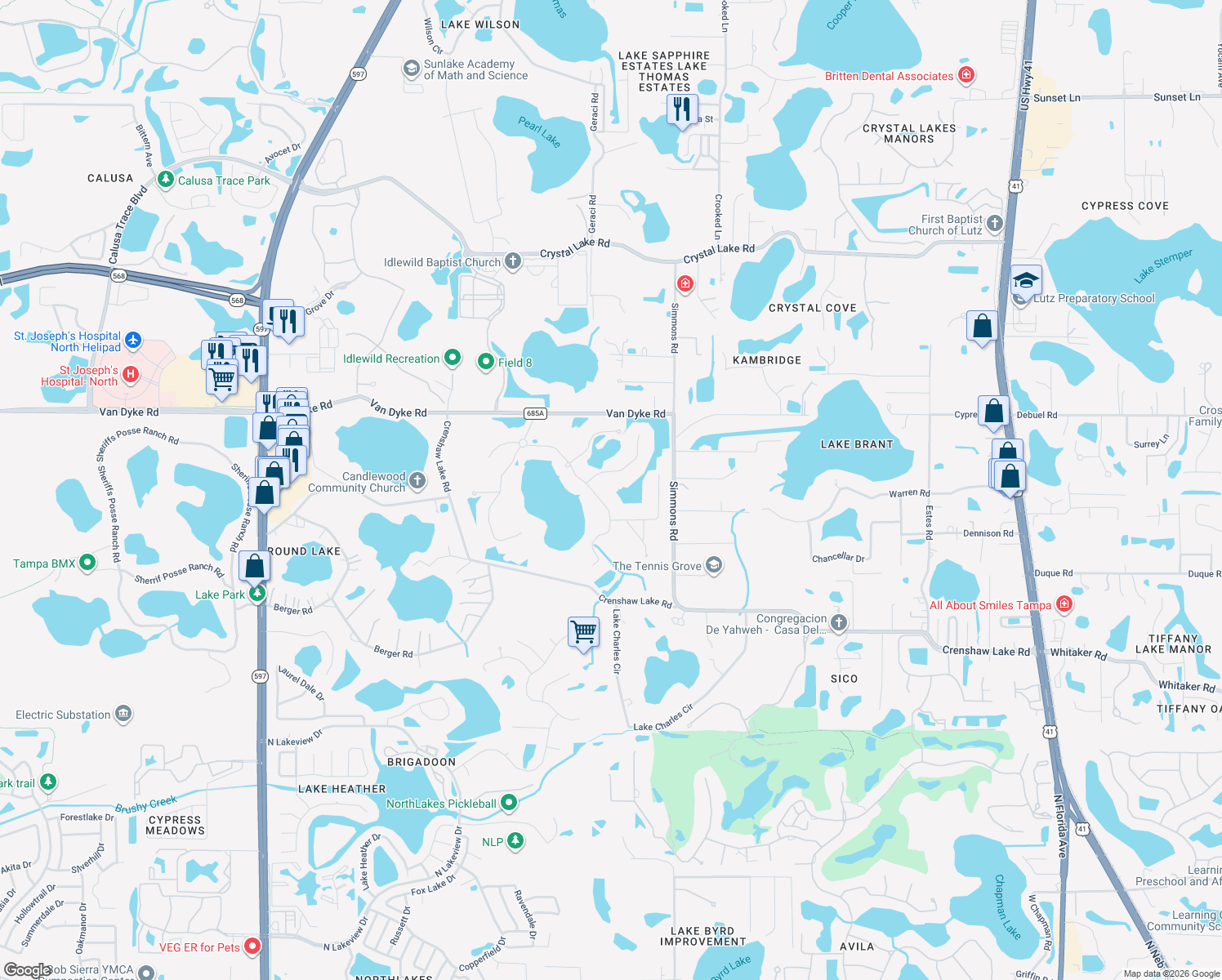 map of restaurants, bars, coffee shops, grocery stores, and more near 1213 Merry Water Drive in Lutz
