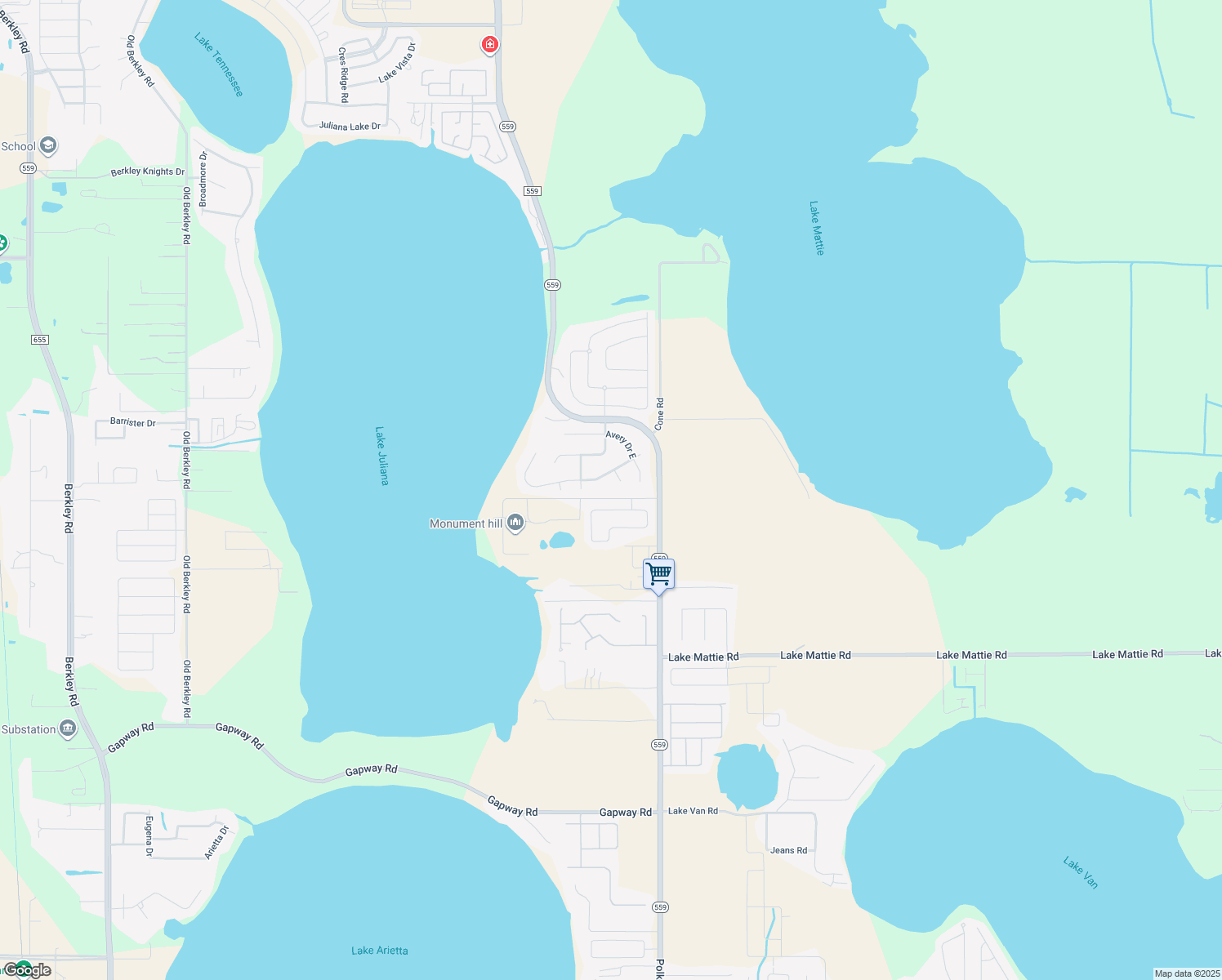 map of restaurants, bars, coffee shops, grocery stores, and more near 173 White Cliff Blvd in Auburndale
