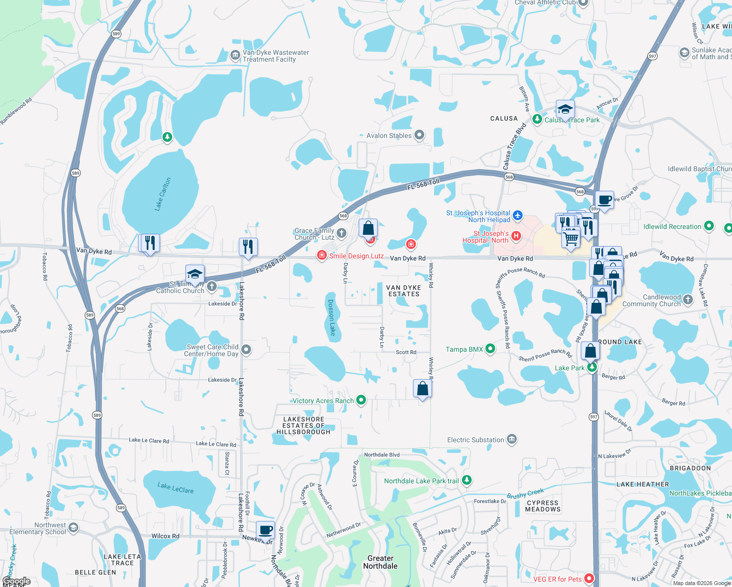 map of restaurants, bars, coffee shops, grocery stores, and more near 17405 Darby Lane in Lutz