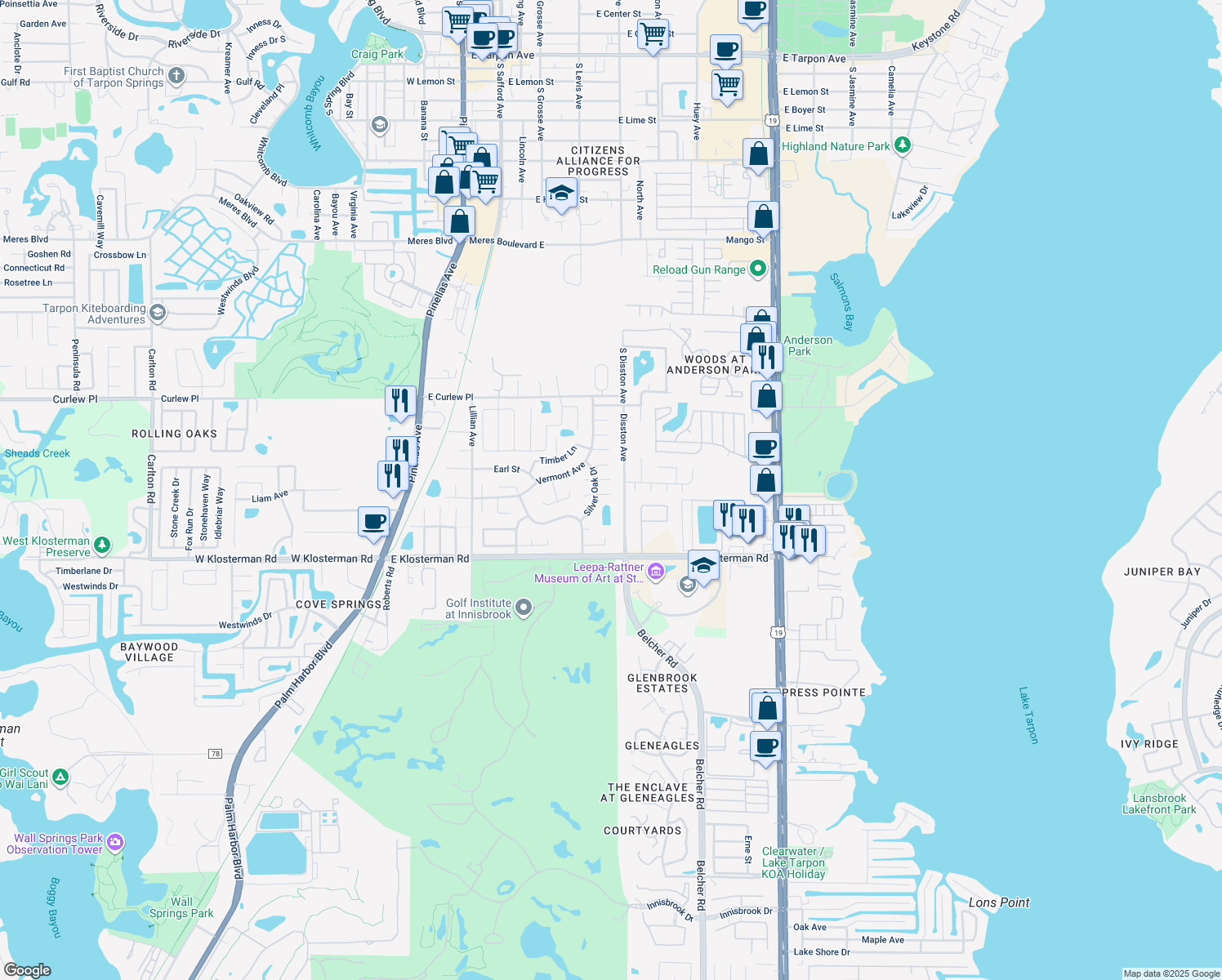 map of restaurants, bars, coffee shops, grocery stores, and more near 505 Whispering Oak Drive in Tarpon Springs