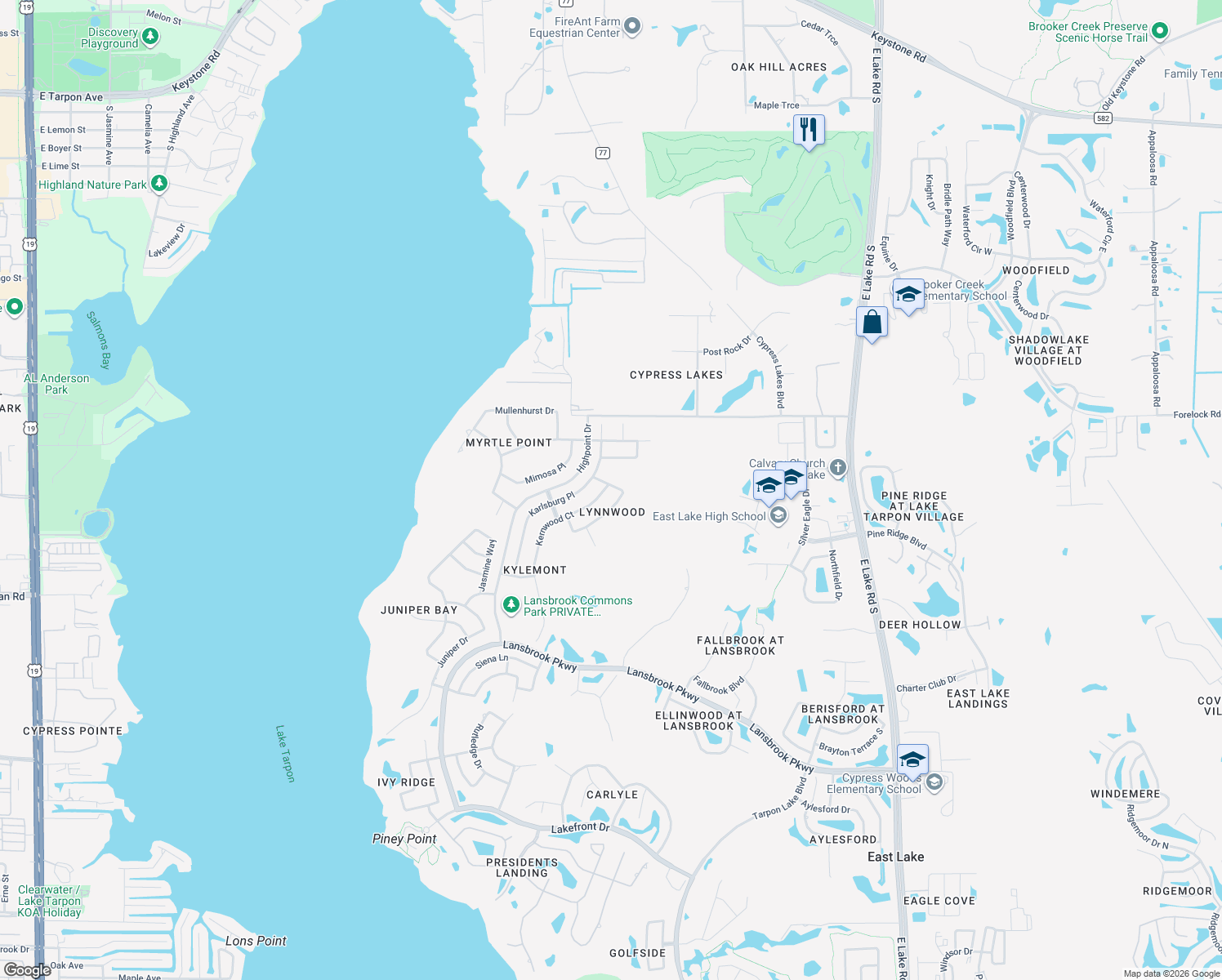 map of restaurants, bars, coffee shops, grocery stores, and more near 5295 Kernwood Court in Palm Harbor