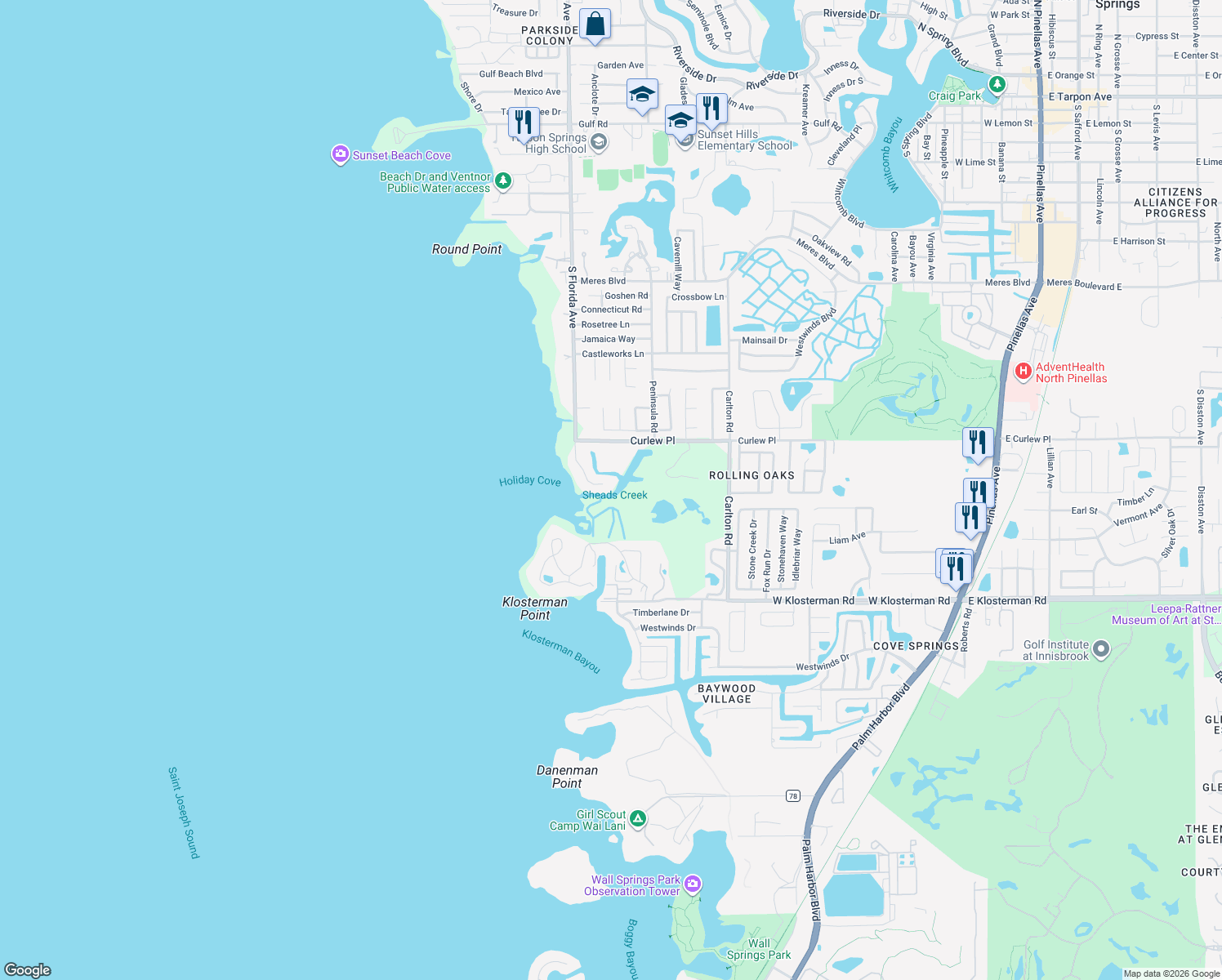 map of restaurants, bars, coffee shops, grocery stores, and more near 1130 South Florida Avenue in Tarpon Springs
