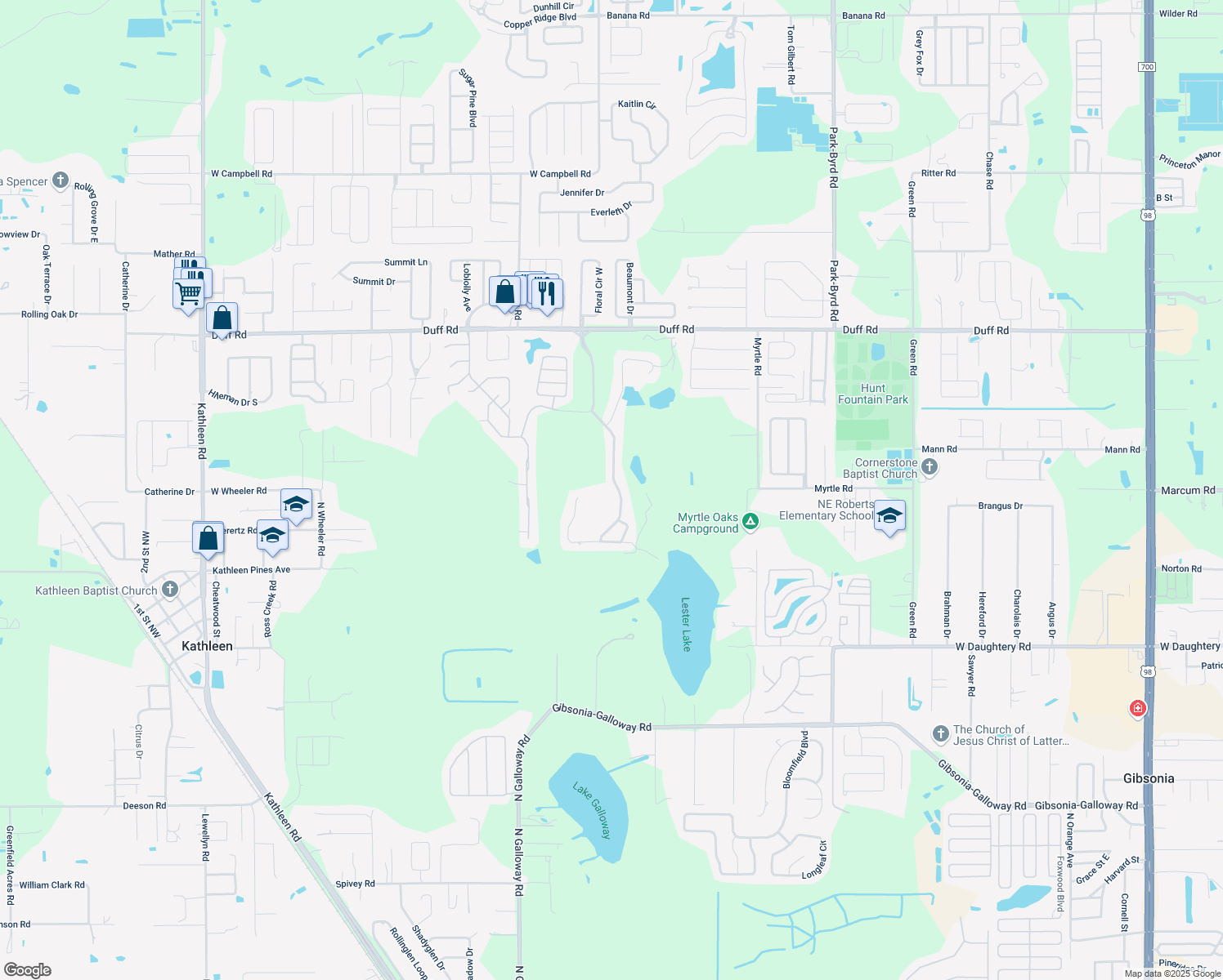 map of restaurants, bars, coffee shops, grocery stores, and more near 6766 Huntington Hills Boulevard in Lakeland
