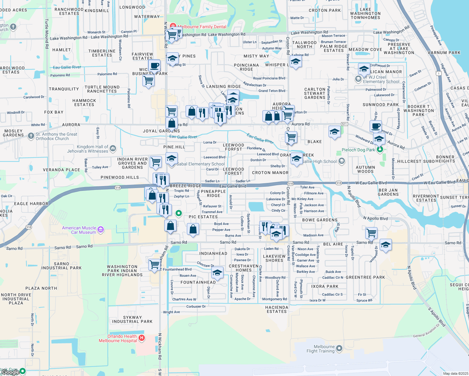map of restaurants, bars, coffee shops, grocery stores, and more near 2401 West Eau Gallie Boulevard in Melbourne