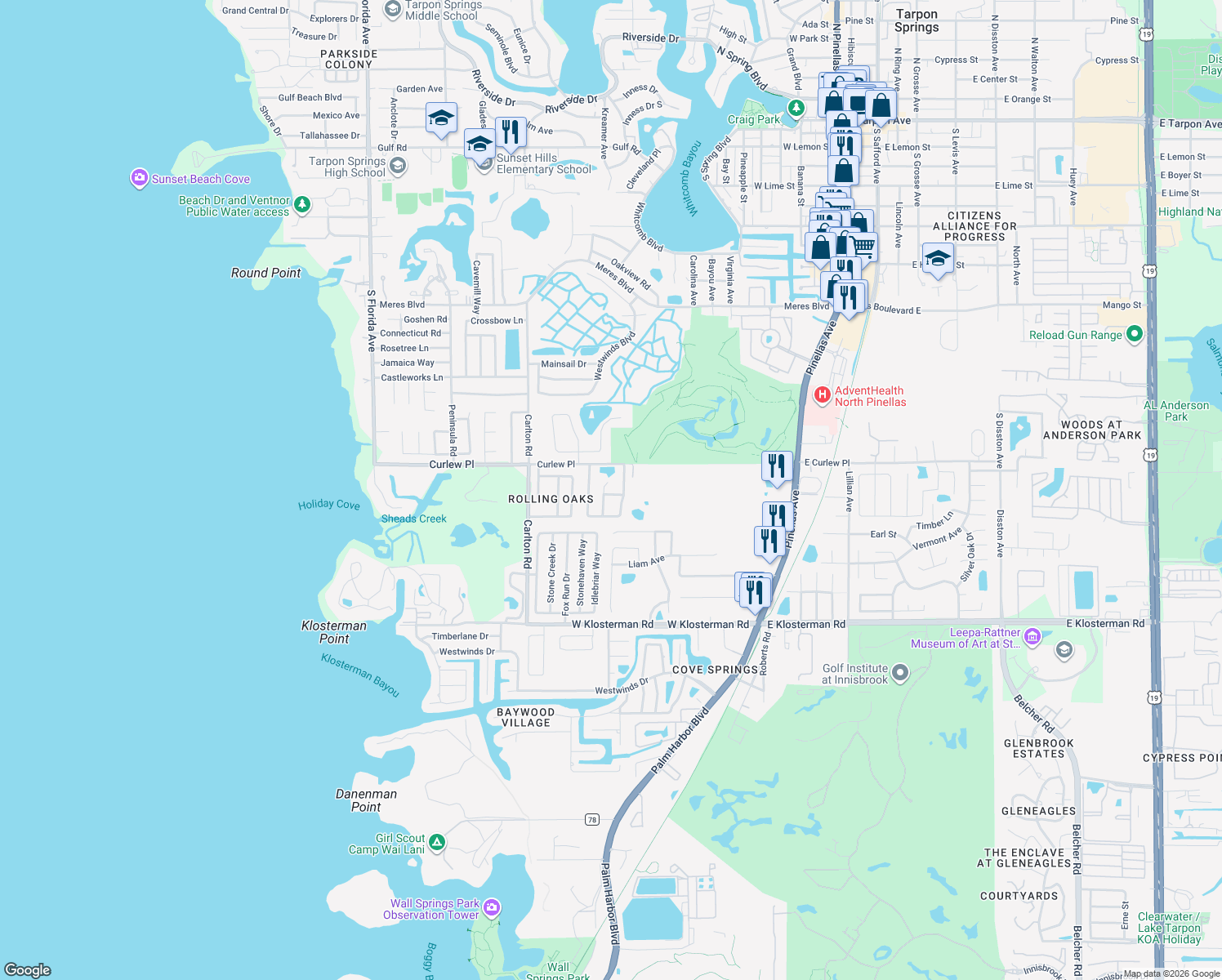 map of restaurants, bars, coffee shops, grocery stores, and more near 765 Sadlebrook Drive in Tarpon Springs