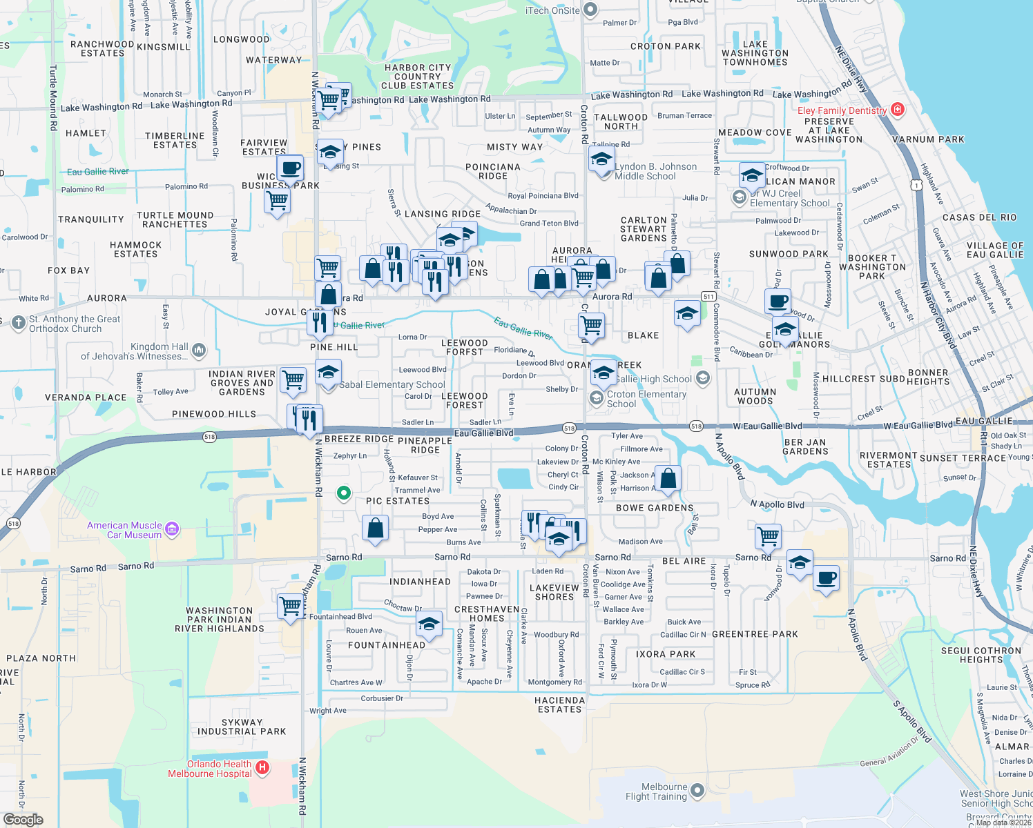 map of restaurants, bars, coffee shops, grocery stores, and more near 1385 Eva Lane in Melbourne