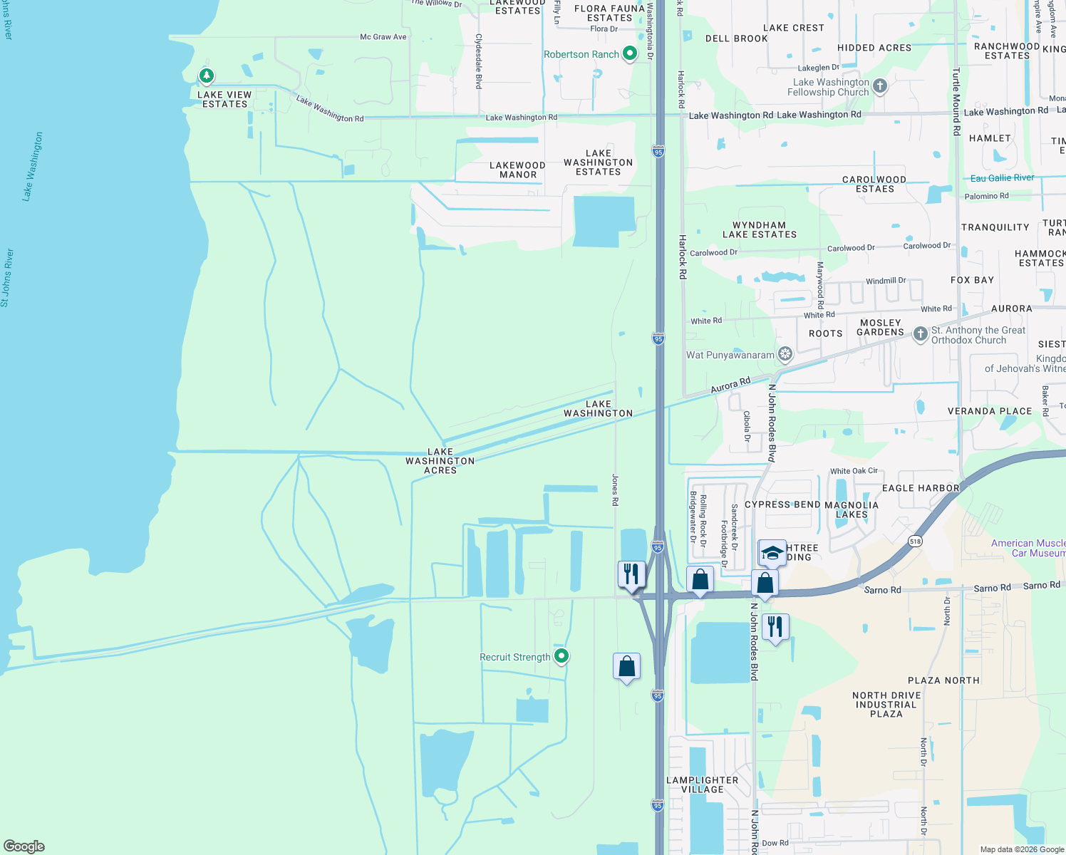 map of restaurants, bars, coffee shops, grocery stores, and more near 5185 Evinrude Road in Melbourne