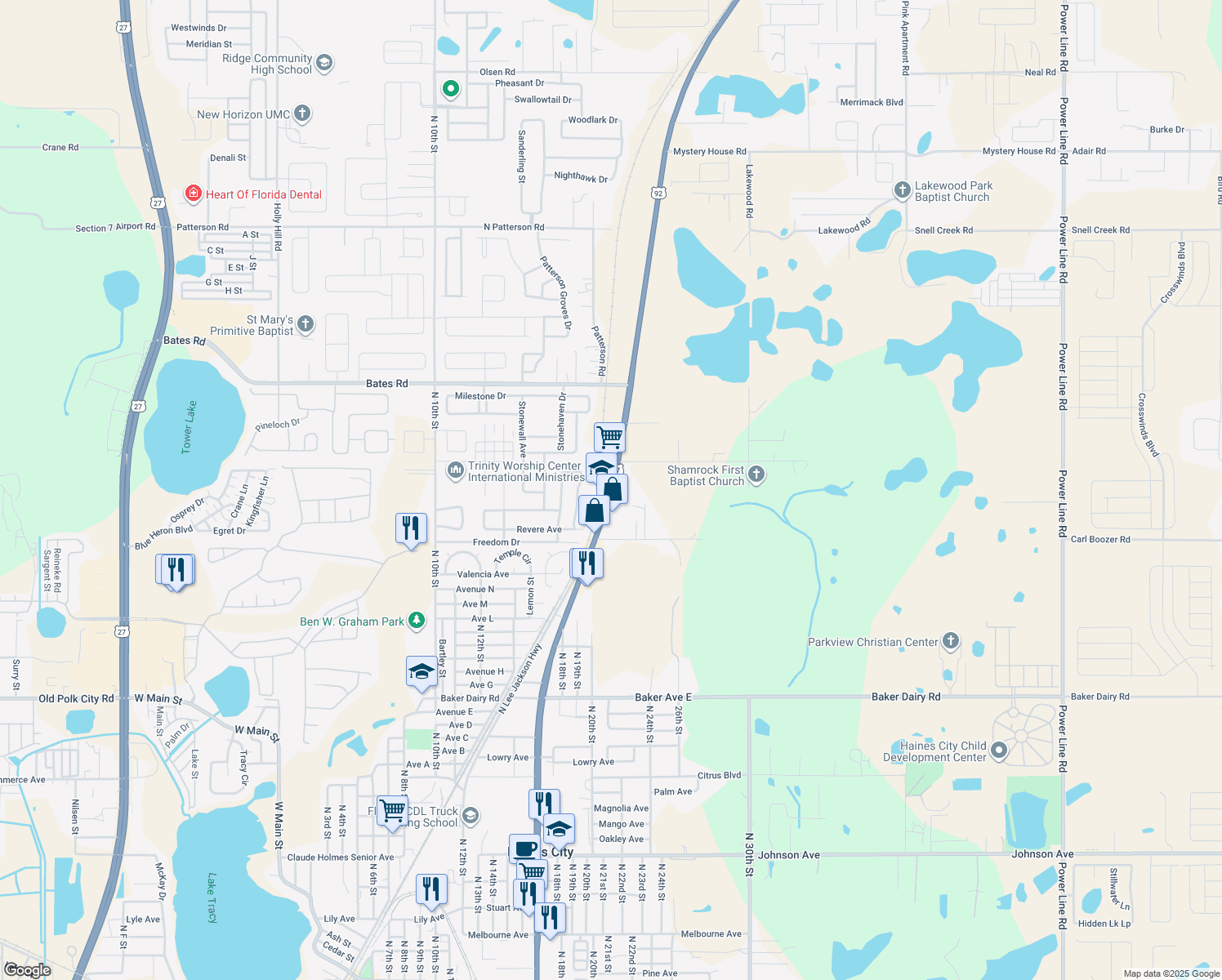 map of restaurants, bars, coffee shops, grocery stores, and more near 2558 U.S. 17 in Haines City