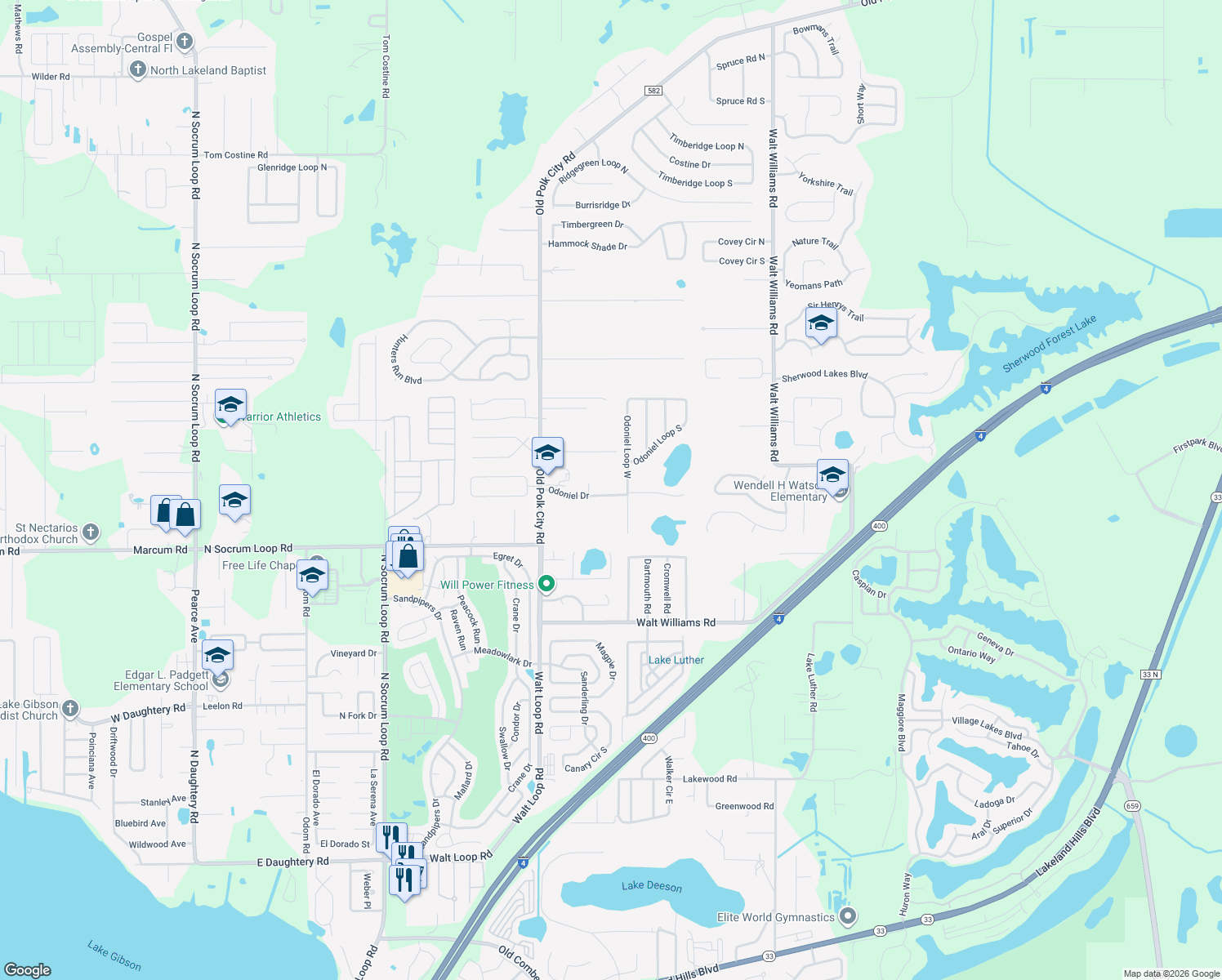 map of restaurants, bars, coffee shops, grocery stores, and more near 1034 Odoniel Drive in Lakeland