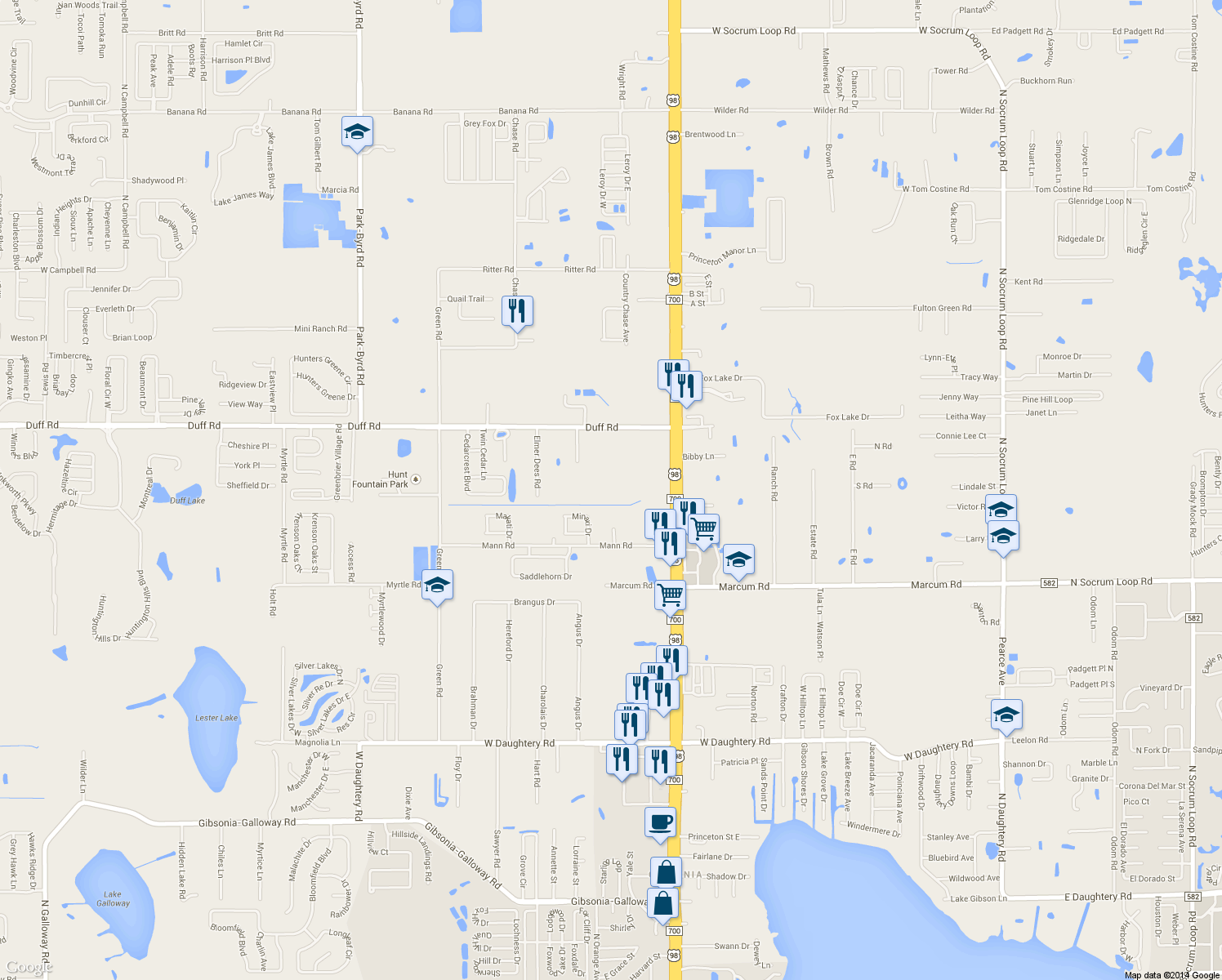 map of restaurants, bars, coffee shops, grocery stores, and more near 1524 Duff Road in Lakeland