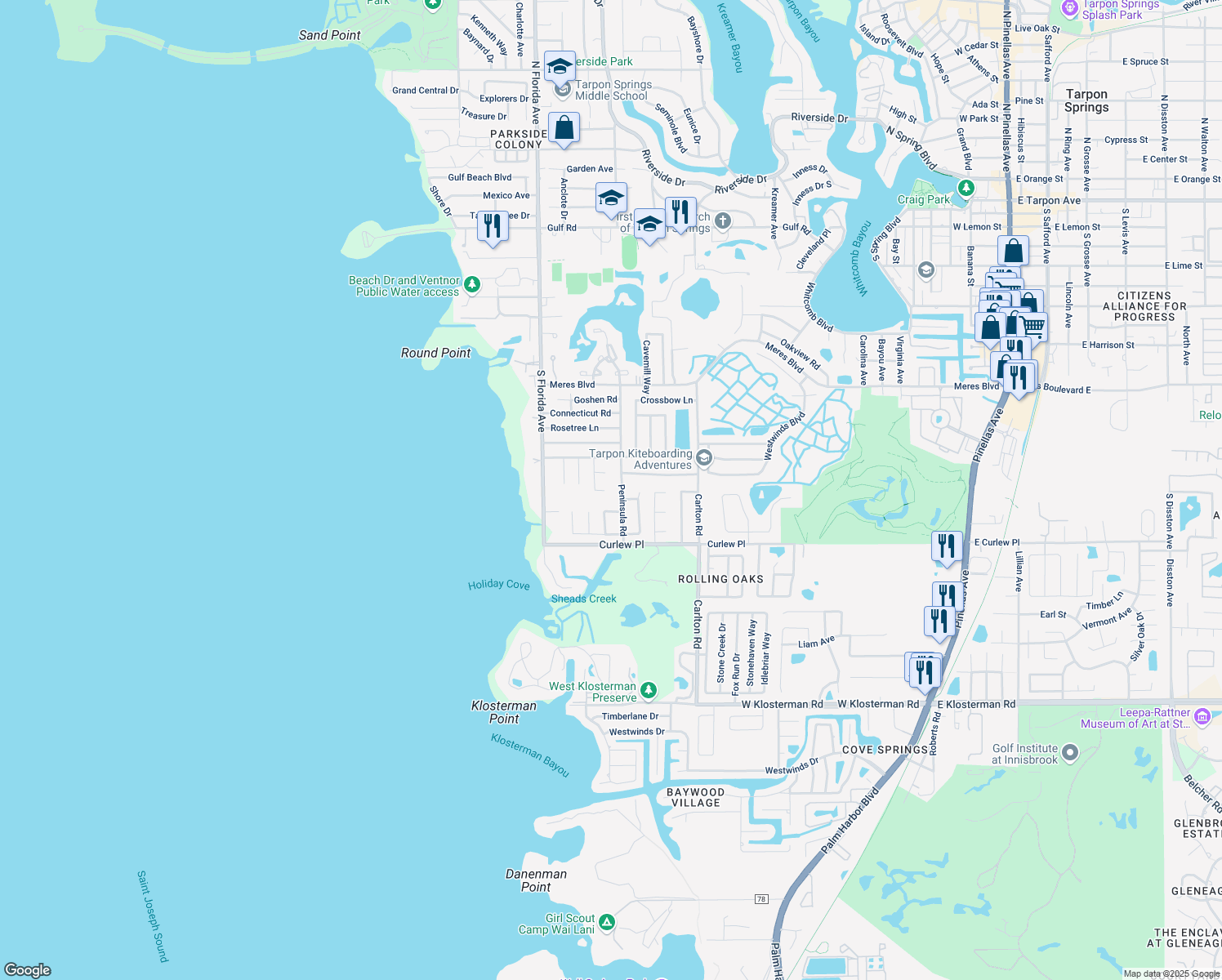 map of restaurants, bars, coffee shops, grocery stores, and more near 1412 Calumet Ct in Tarpon Springs