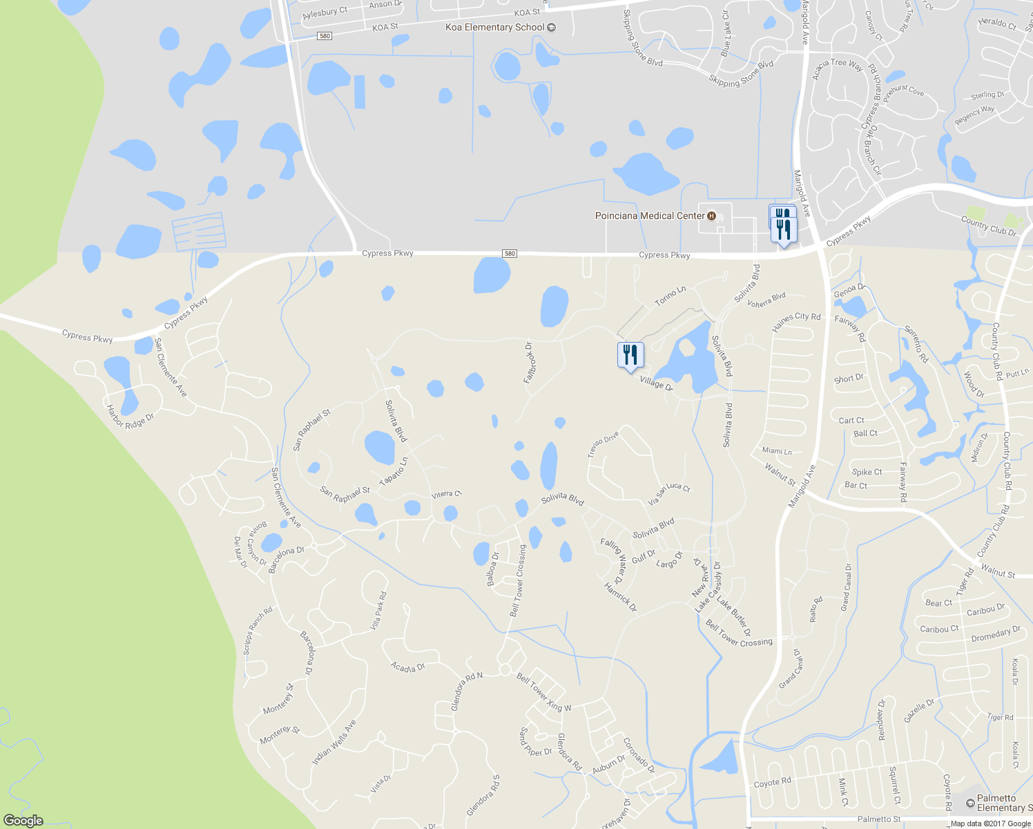map of restaurants, bars, coffee shops, grocery stores, and more near 2783 Palm Tree Drive in Poinciana