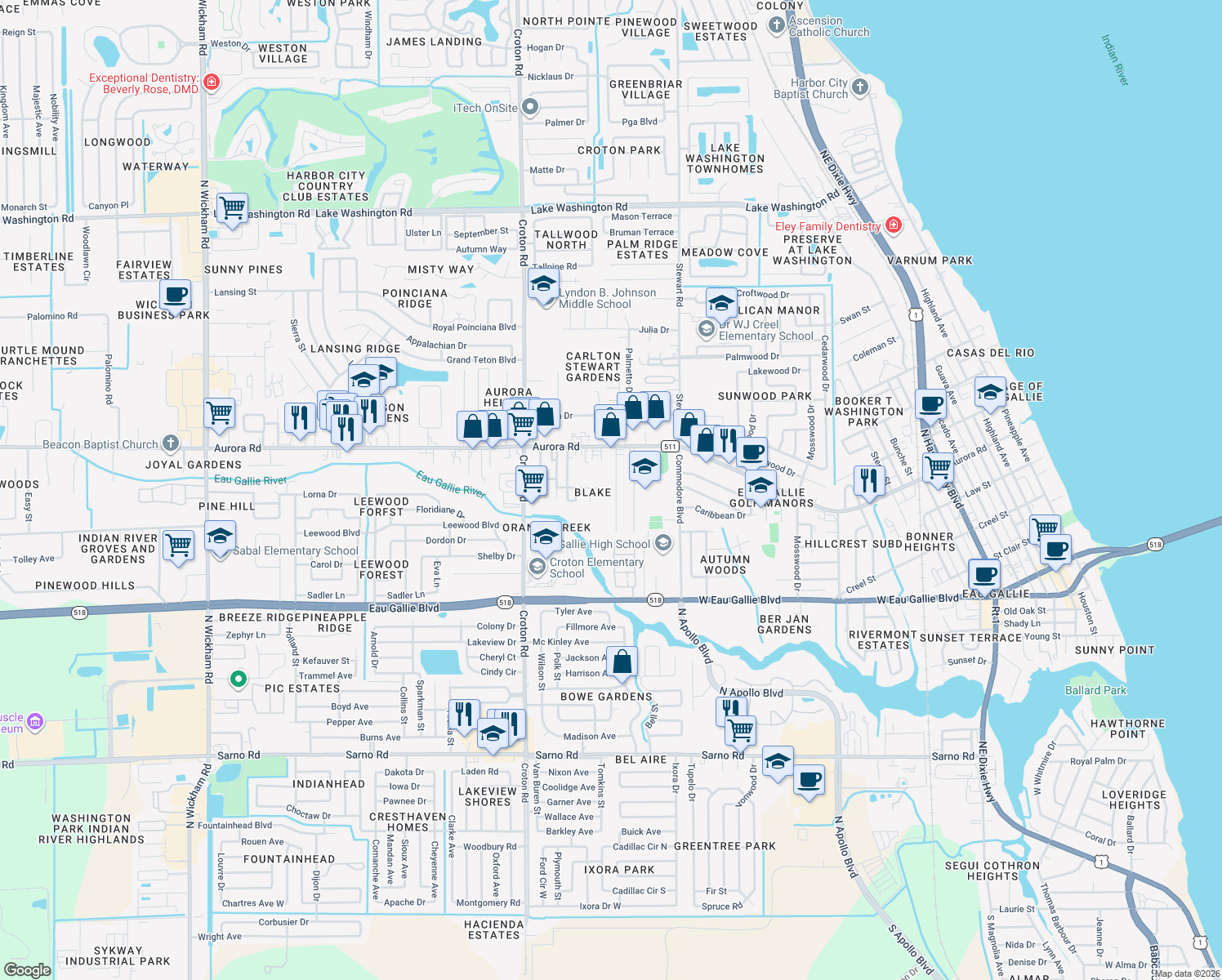 map of restaurants, bars, coffee shops, grocery stores, and more near 1600 Seneca Drive in Melbourne