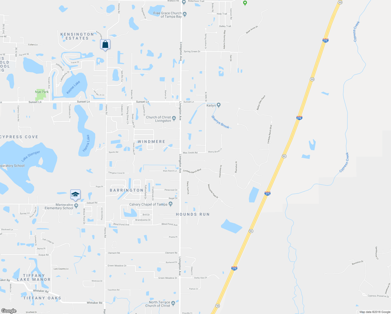 map of restaurants, bars, coffee shops, grocery stores, and more near 17919 Barn Close Drive in Lutz