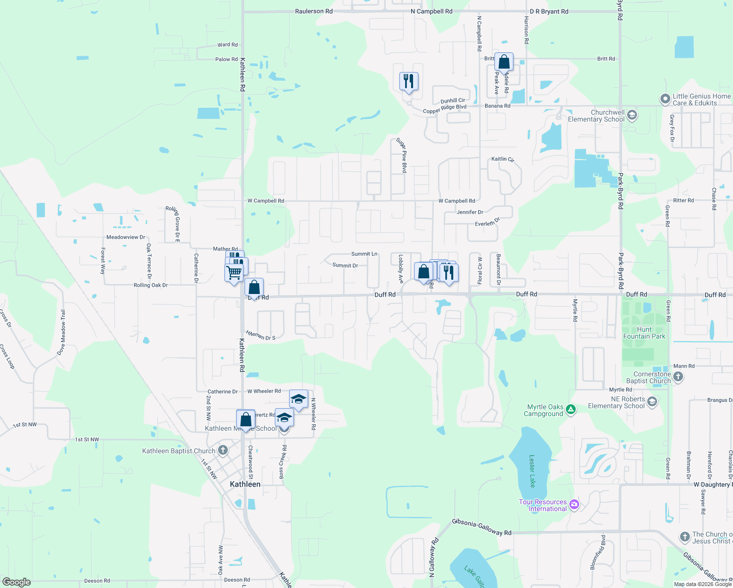 map of restaurants, bars, coffee shops, grocery stores, and more near 3235 Duff Road in Lakeland