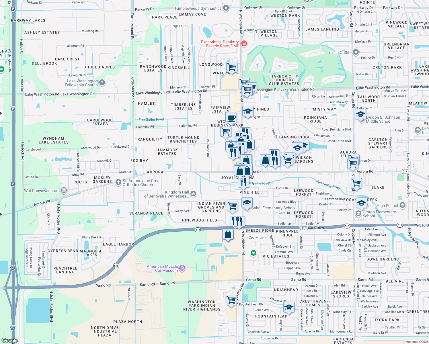 map of restaurants, bars, coffee shops, grocery stores, and more near 3235 Aurora Road in Melbourne