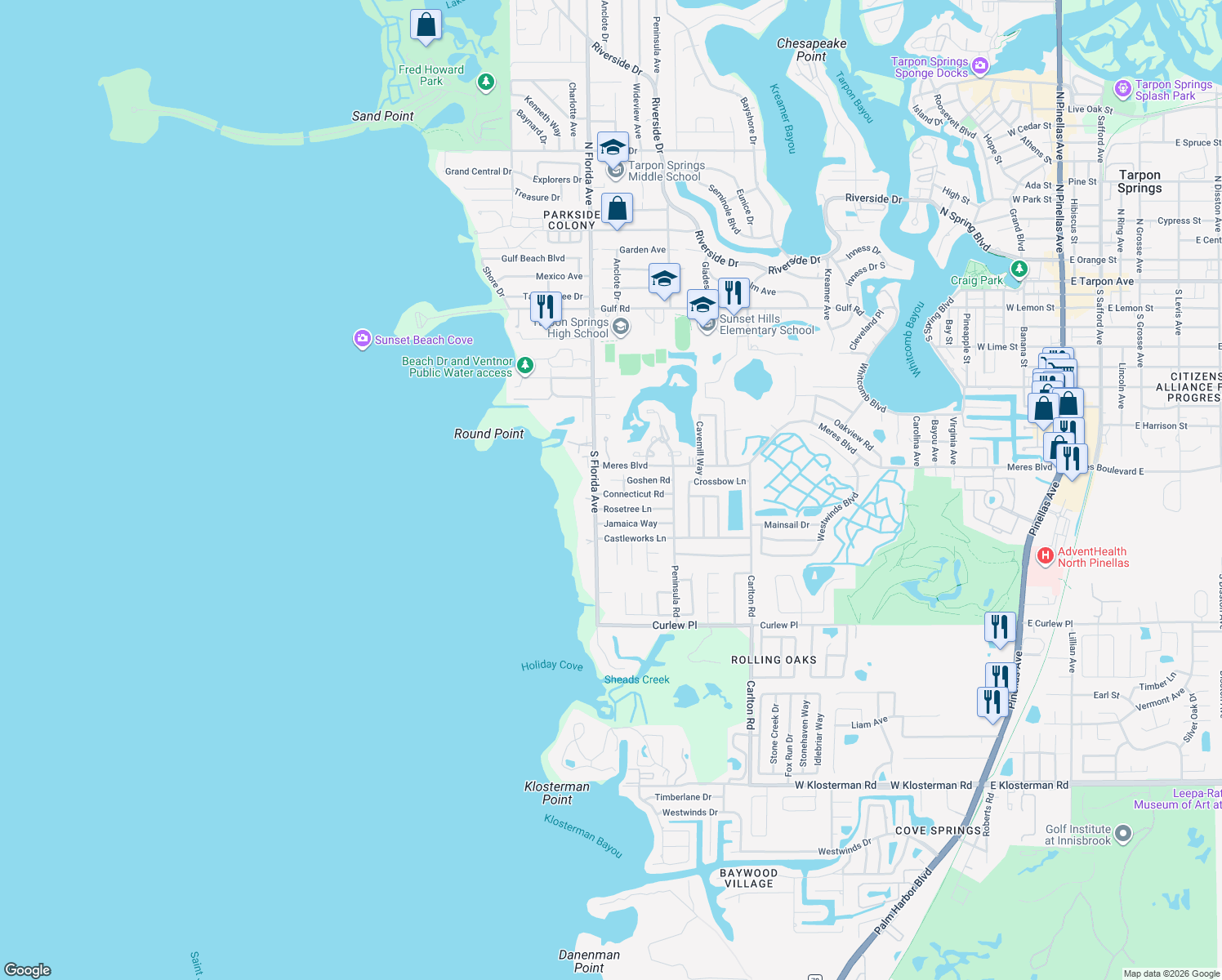 map of restaurants, bars, coffee shops, grocery stores, and more near 1106 Connecticut Road in Tarpon Springs