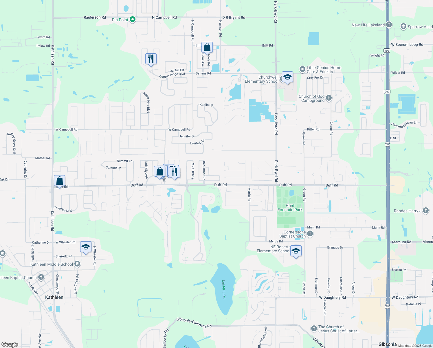 map of restaurants, bars, coffee shops, grocery stores, and more near 2608 Pine Valley Drive in Lakeland