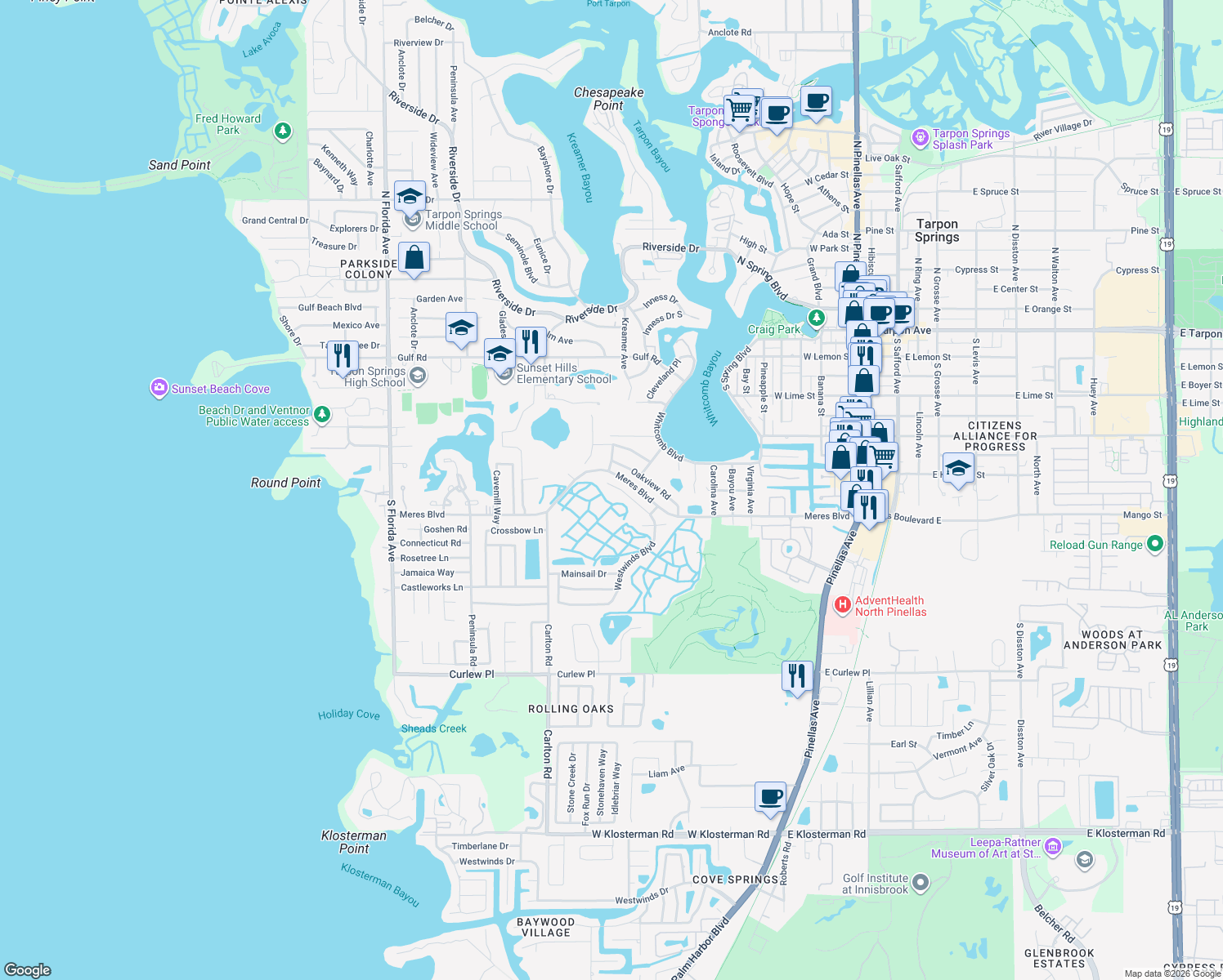 map of restaurants, bars, coffee shops, grocery stores, and more near 718 Lighthouse Drive in Tarpon Springs