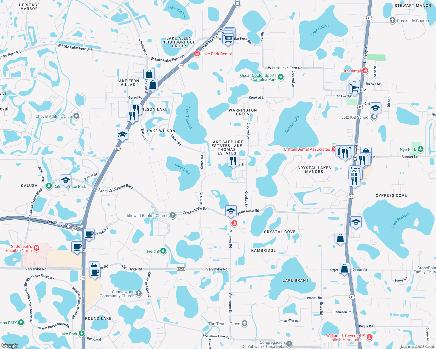 map of restaurants, bars, coffee shops, grocery stores, and more near 1406 May Street in Lutz