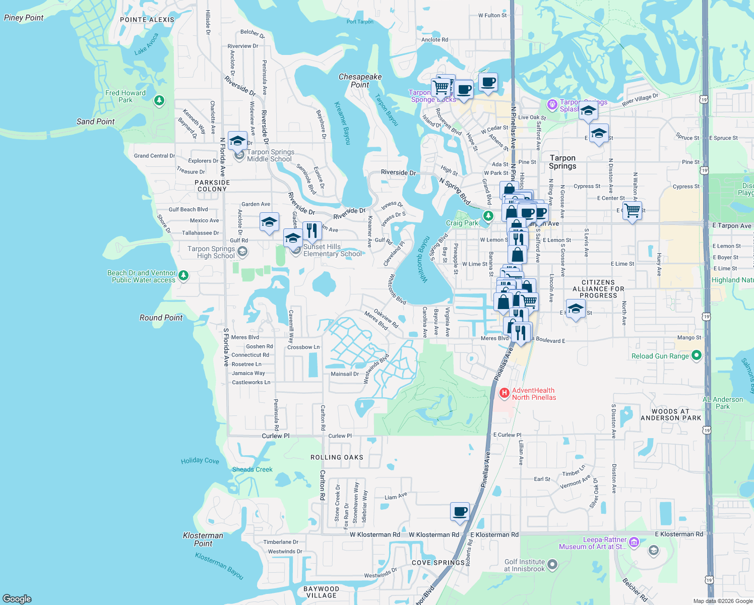map of restaurants, bars, coffee shops, grocery stores, and more near 958 Ridgewood Terrace in Tarpon Springs