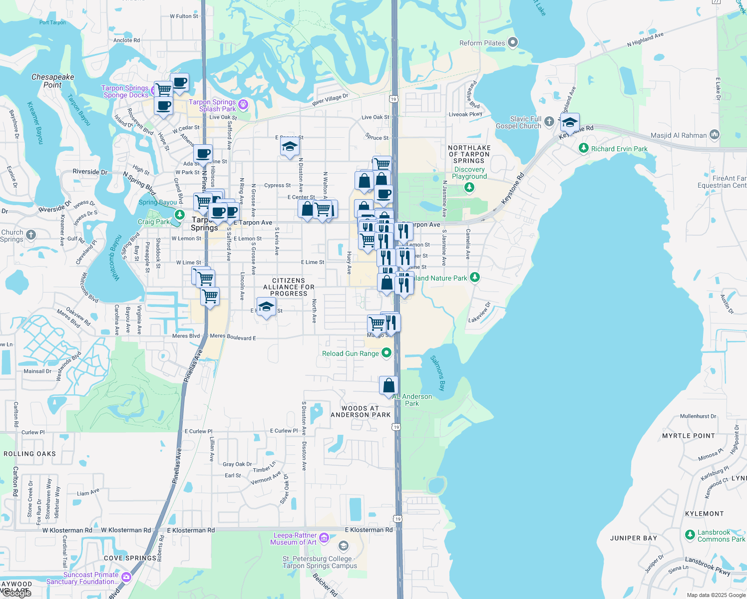 map of restaurants, bars, coffee shops, grocery stores, and more near 718 Haven Place in Tarpon Springs